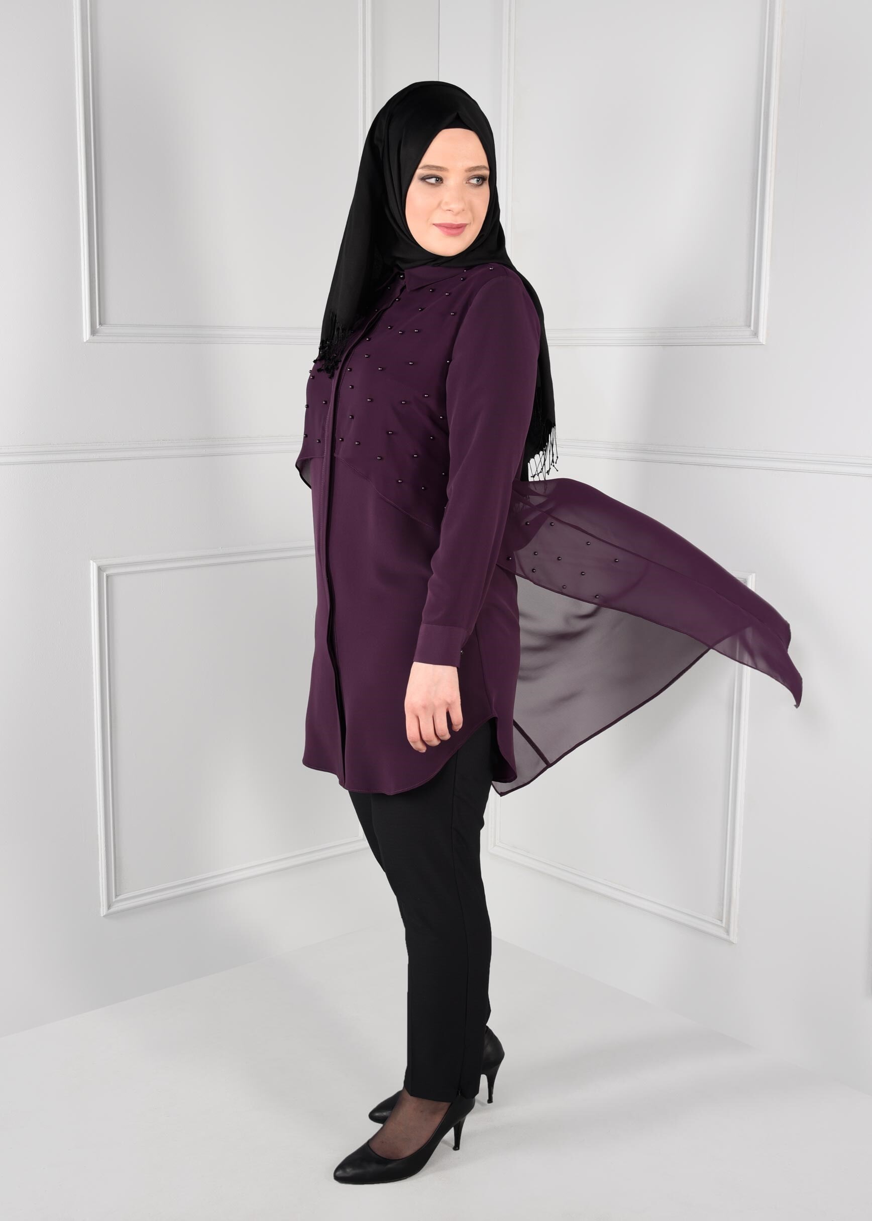 Hijab clothing PURPLE BEADED TULLE-TRAIN TUNIC 2693 