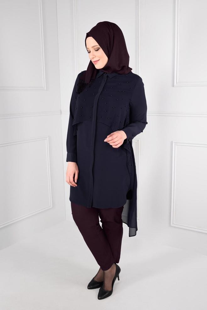 Tesettür giyim LACİVERT BONCUK İŞLEMELİ TÜL KUYRUKLU TUNİK 2693 - ALVİNA