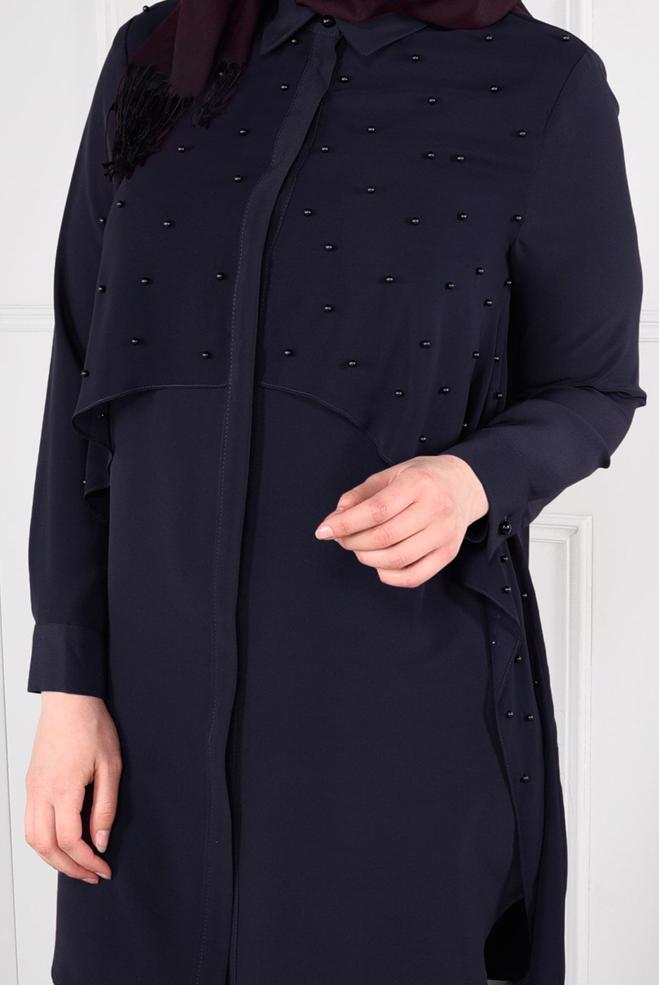 Tesettür giyim LACİVERT BONCUK İŞLEMELİ TÜL KUYRUKLU TUNİK 2693 - ALVİNA