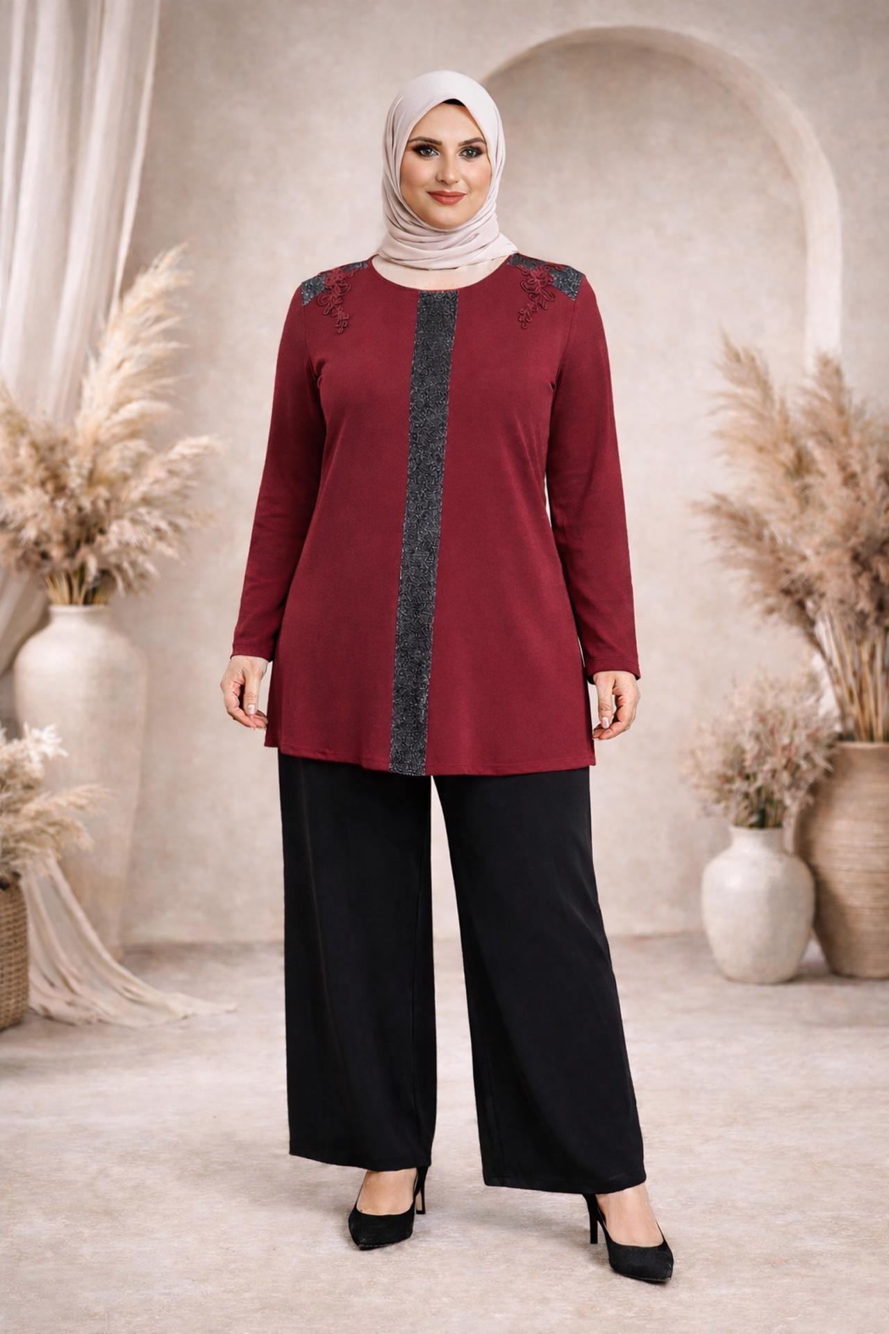 Tesettür giyim BORDO ÖNÜ ŞERİTLİ BİSİKLET YAKA TUNİK 2743