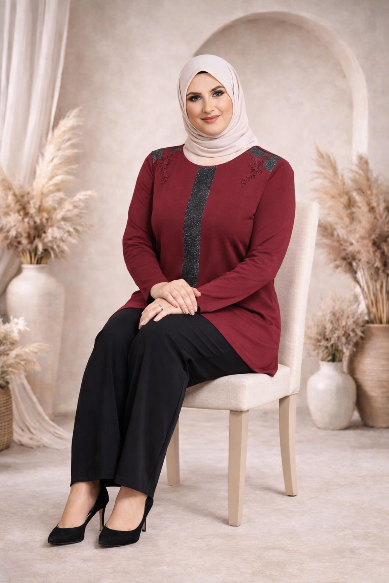 Tesettür giyim BORDO ÖNÜ ŞERİTLİ BİSİKLET YAKA TUNİK 2743