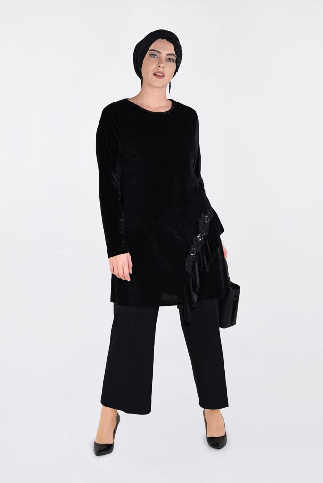 Tesettür giyim SİYAH İŞLEMELİ KADİFE PİLİSE TUNİK 2756 - ALVİNA