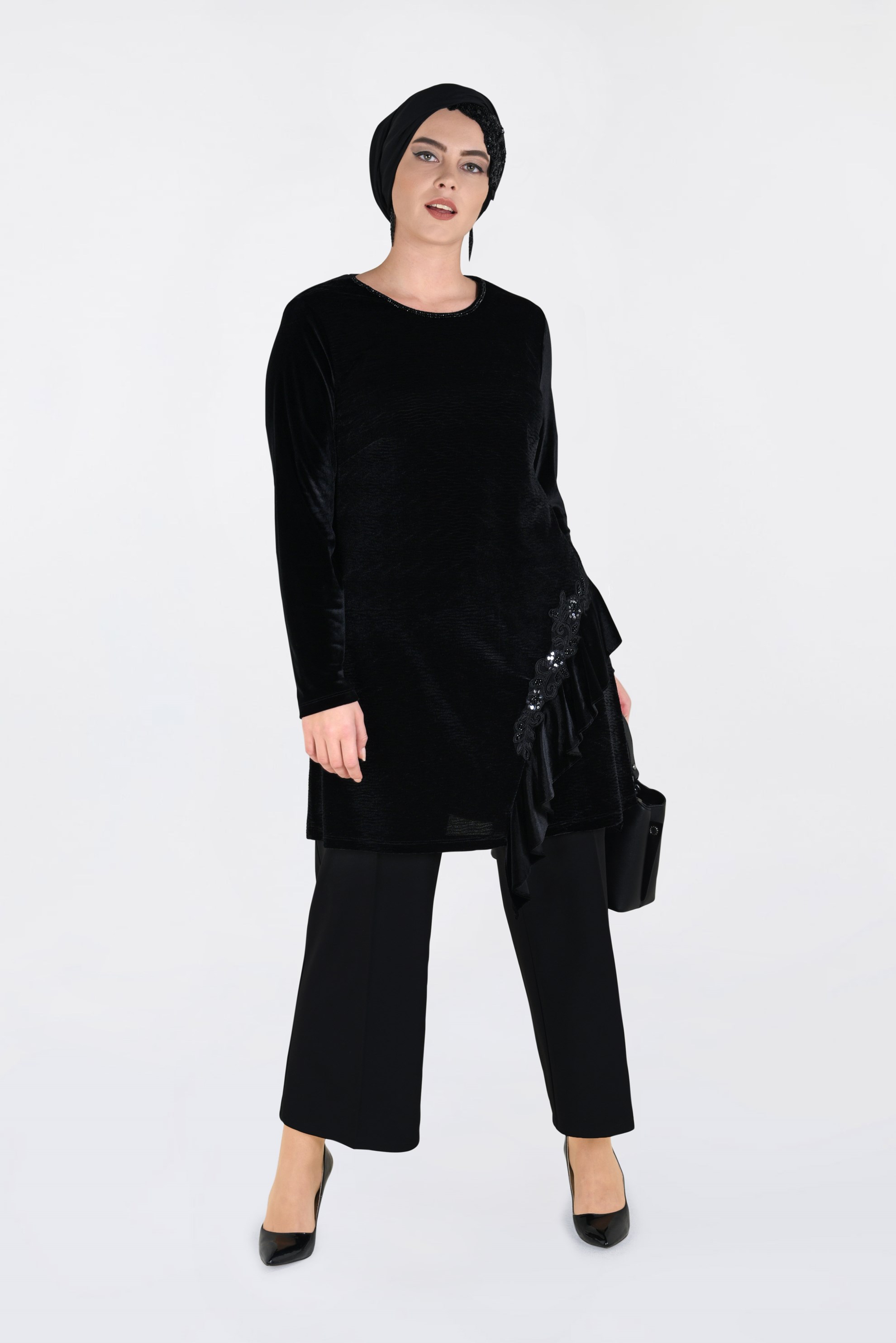 Hijab clothing BLACK EMBROIDERED VELVET PLEATED TUNIC 2756 