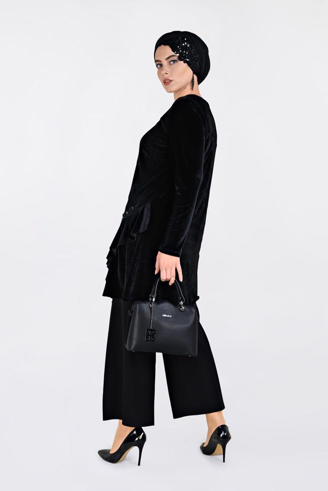 Tesettür giyim SİYAH İŞLEMELİ KADİFE PİLİSE TUNİK 2756 - ALVİNA