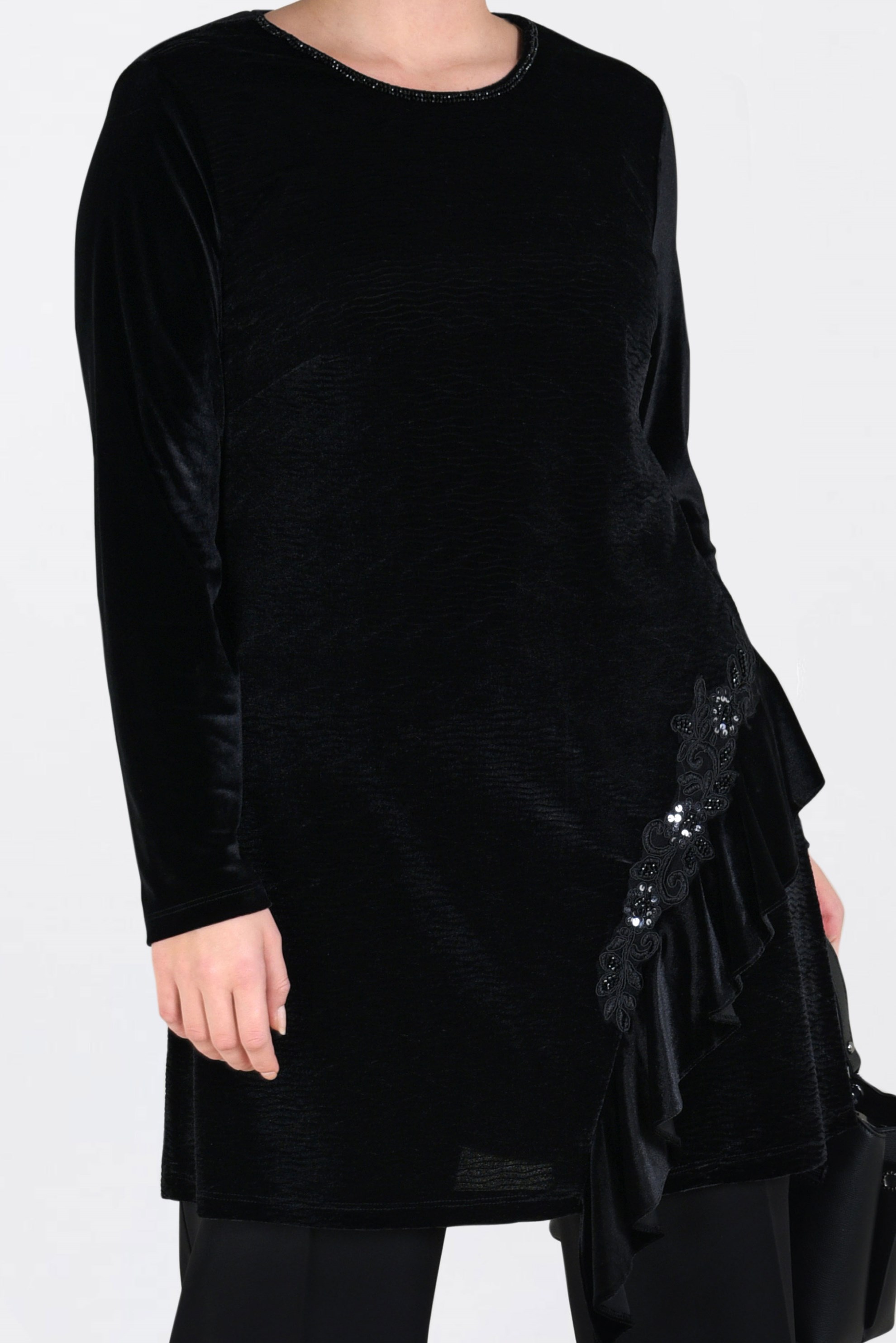 Hijab clothing BLACK EMBROIDERED VELVET PLEATED TUNIC 2756 