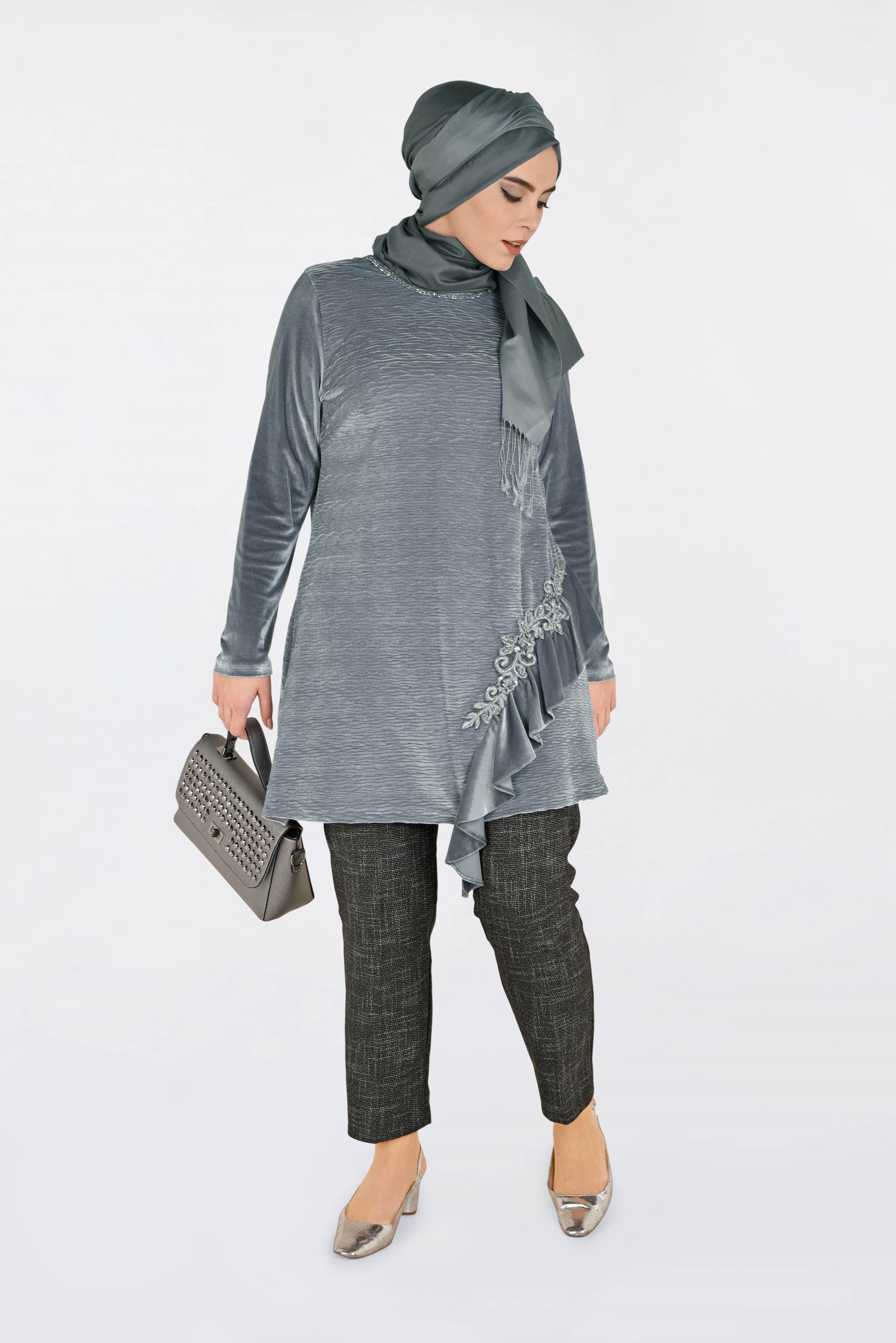 Hijab clothing GREY EMBROIDERED VELVET PLEATED TUNIC 2756 