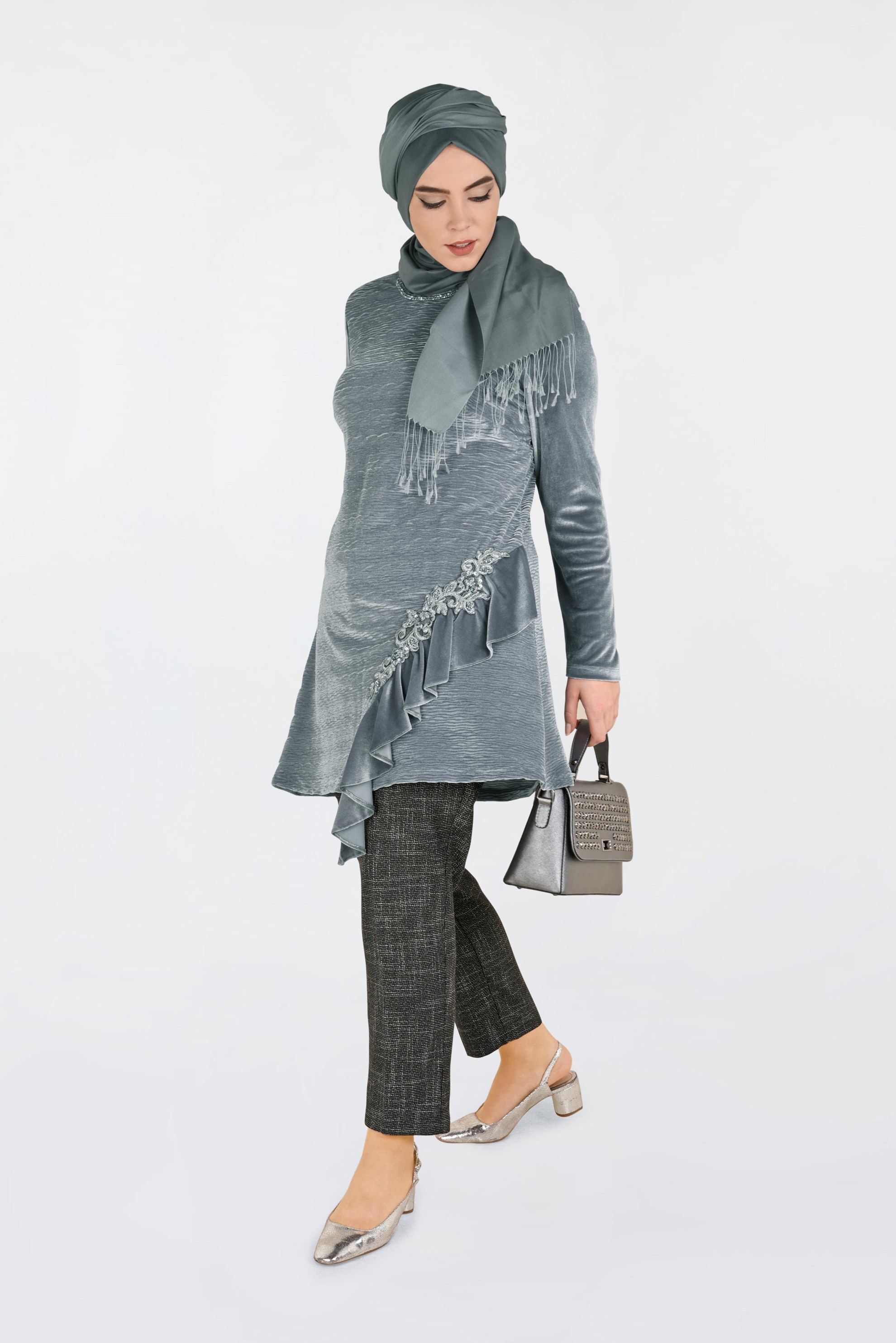 Hijab clothing GREY EMBROIDERED VELVET PLEATED TUNIC 2756 
