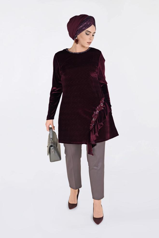Tesettür giyim BORDO İŞLEMELİ KADİFE PİLİSE TUNİK 2756 - ALVİNA