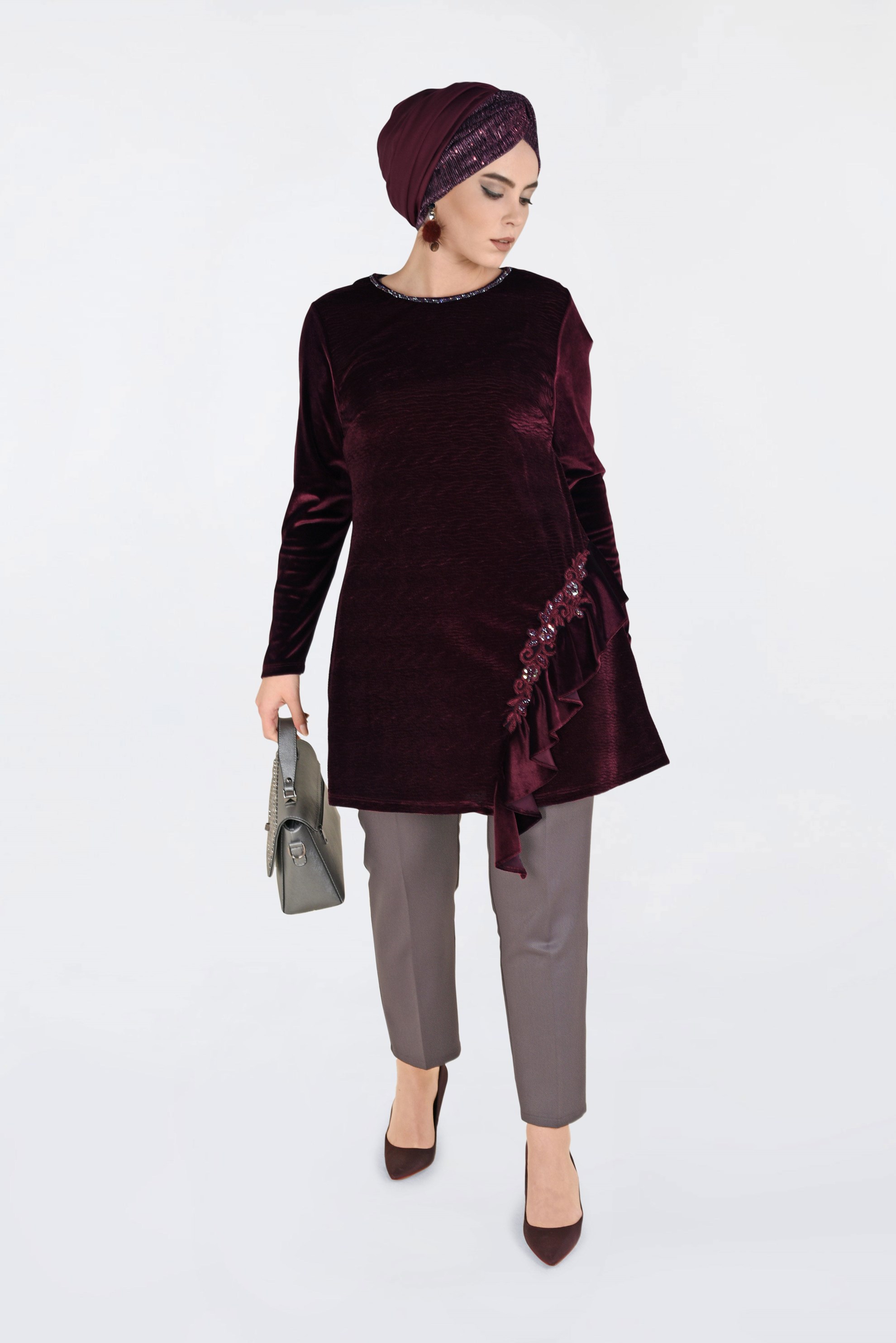 Hijab clothing CLARET RED EMBROIDERED VELVET PLEATED TUNIC 2756 