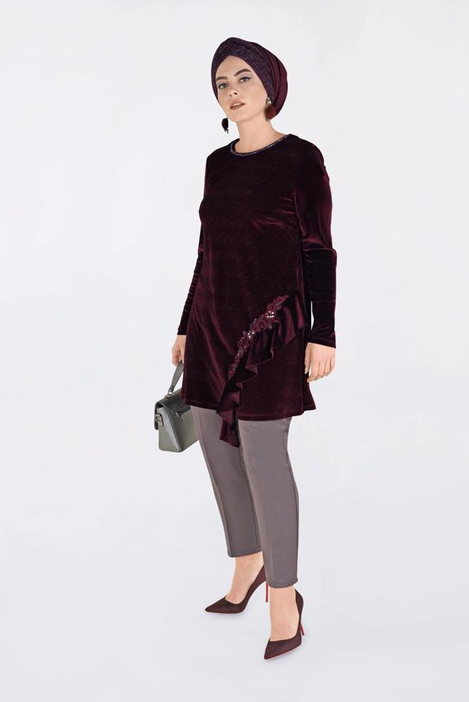 Tesettür giyim BORDO İŞLEMELİ KADİFE PİLİSE TUNİK 2756 - ALVİNA