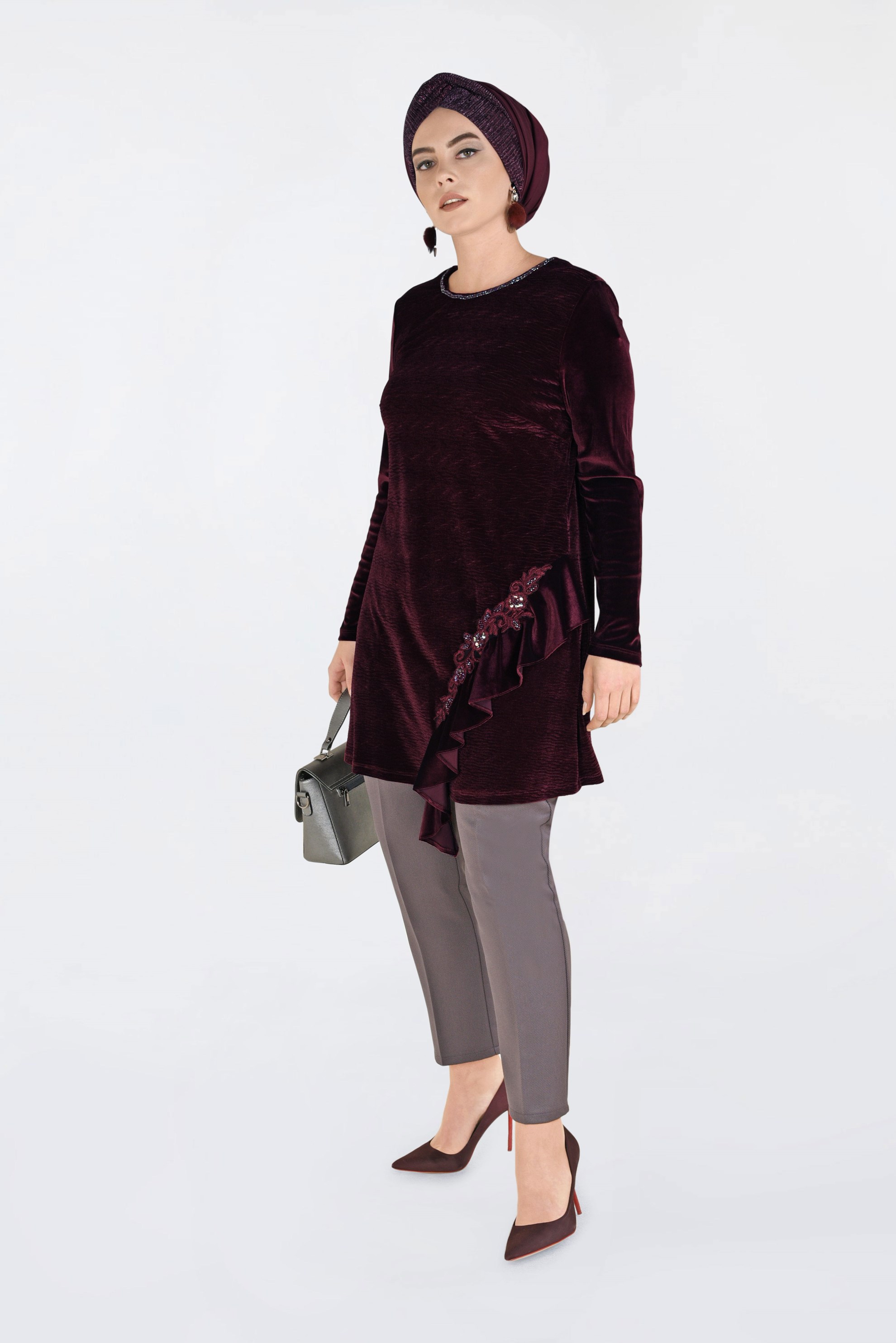 Hijab clothing CLARET RED EMBROIDERED VELVET PLEATED TUNIC 2756 