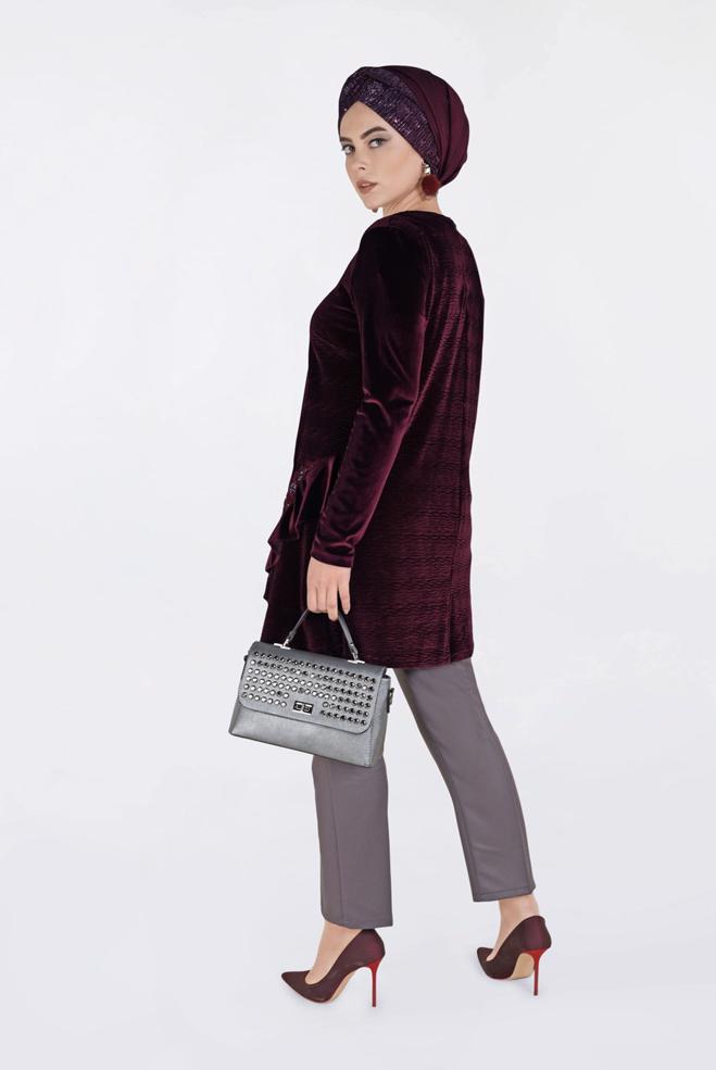 Tesettür giyim BORDO İŞLEMELİ KADİFE PİLİSE TUNİK 2756 - ALVİNA