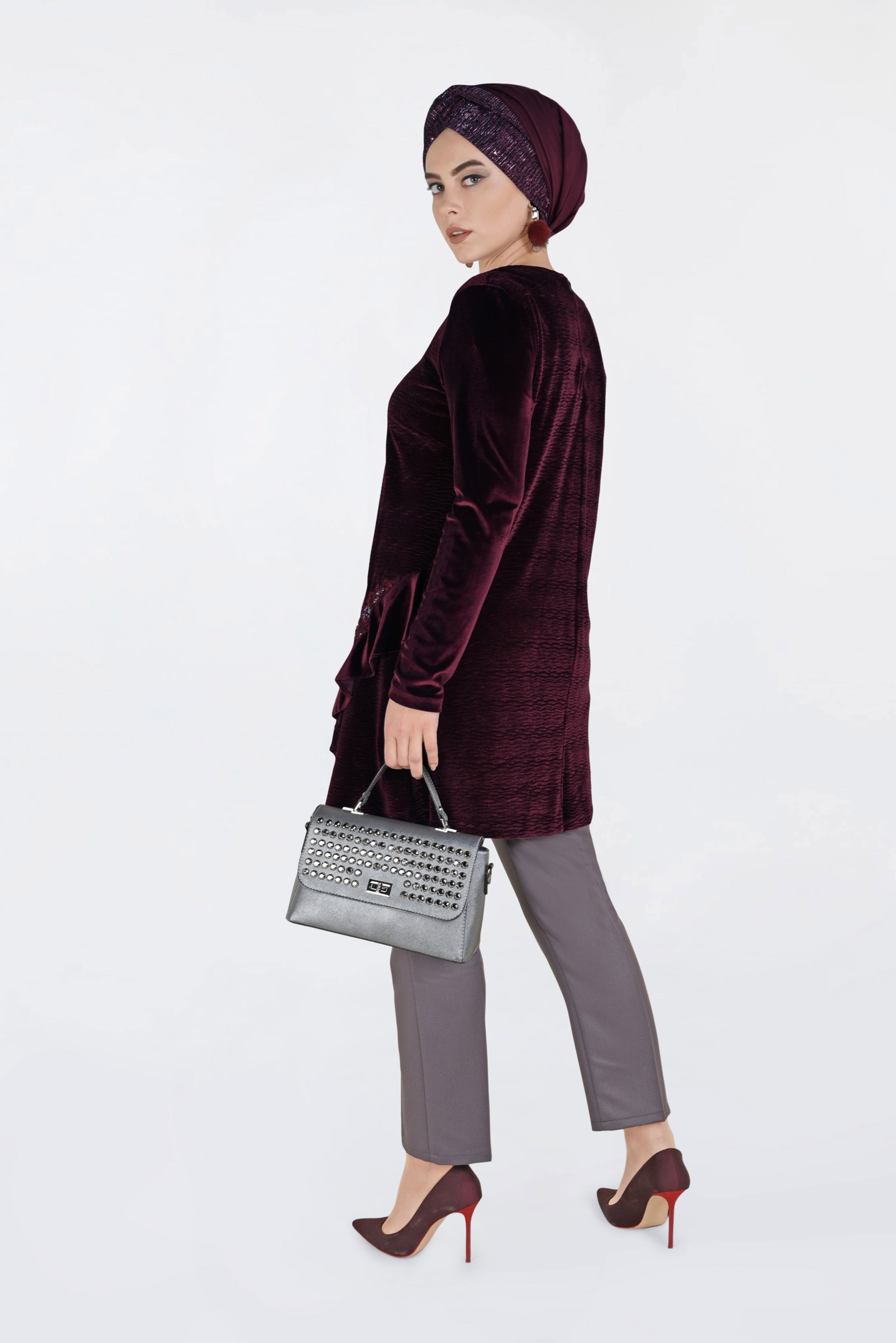 Hijab clothing CLARET RED EMBROIDERED VELVET PLEATED TUNIC 2756 