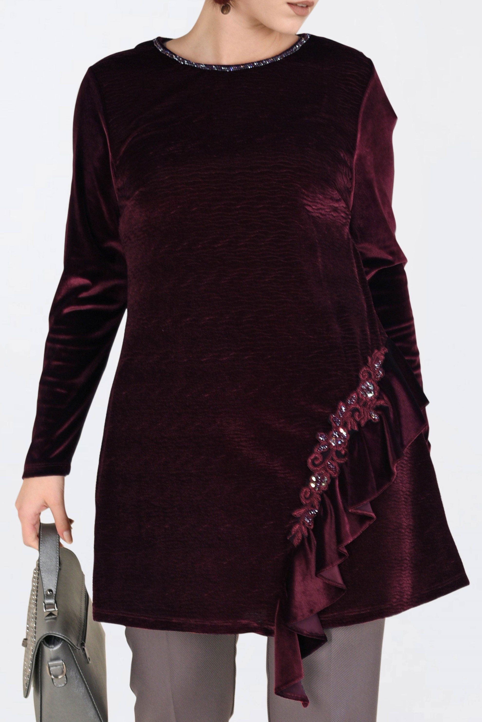 Hijab clothing CLARET RED EMBROIDERED VELVET PLEATED TUNIC 2756 
