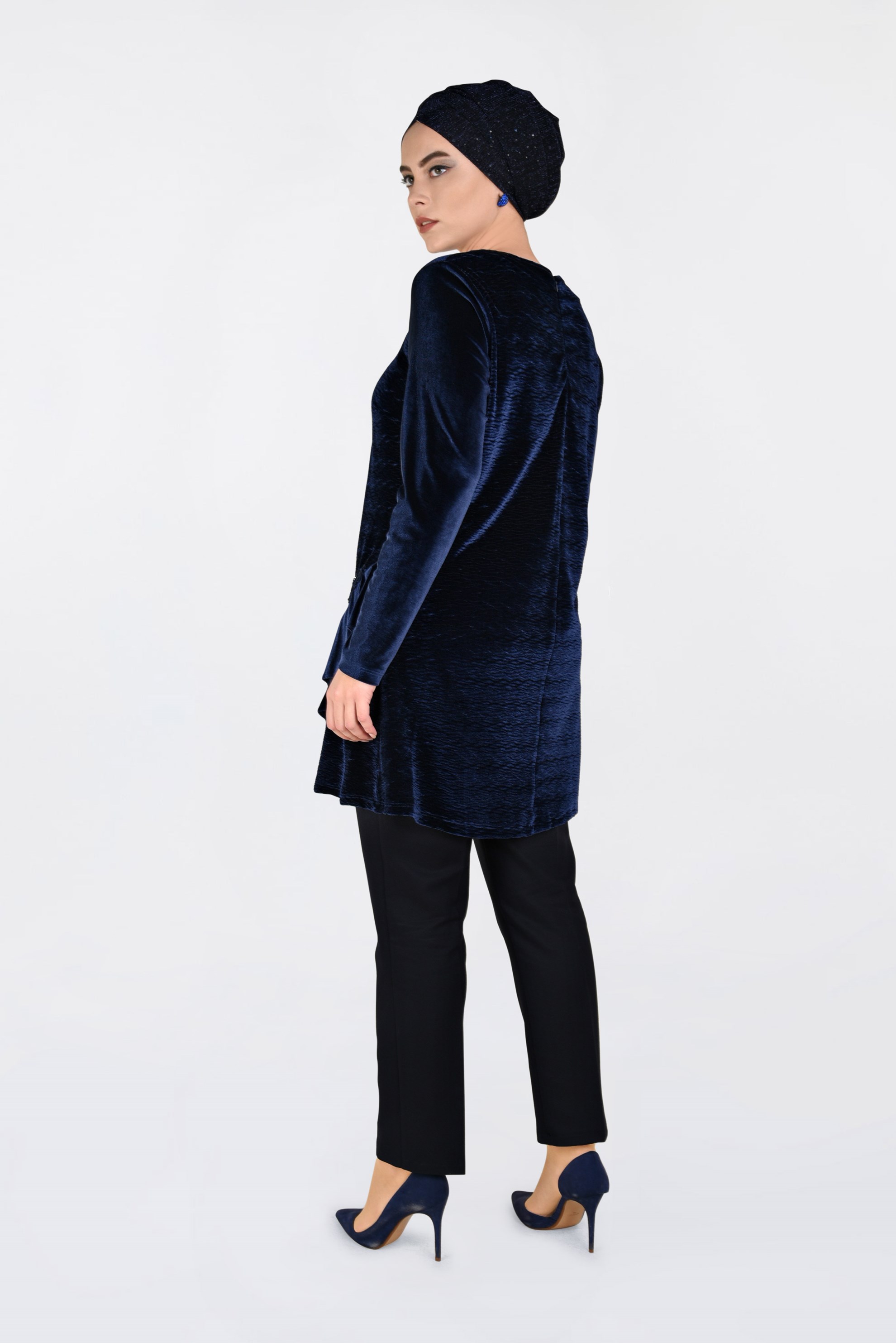 Hijab clothing NAVY BLUE EMBROIDERED VELVET PLEATED TUNIC 2756 