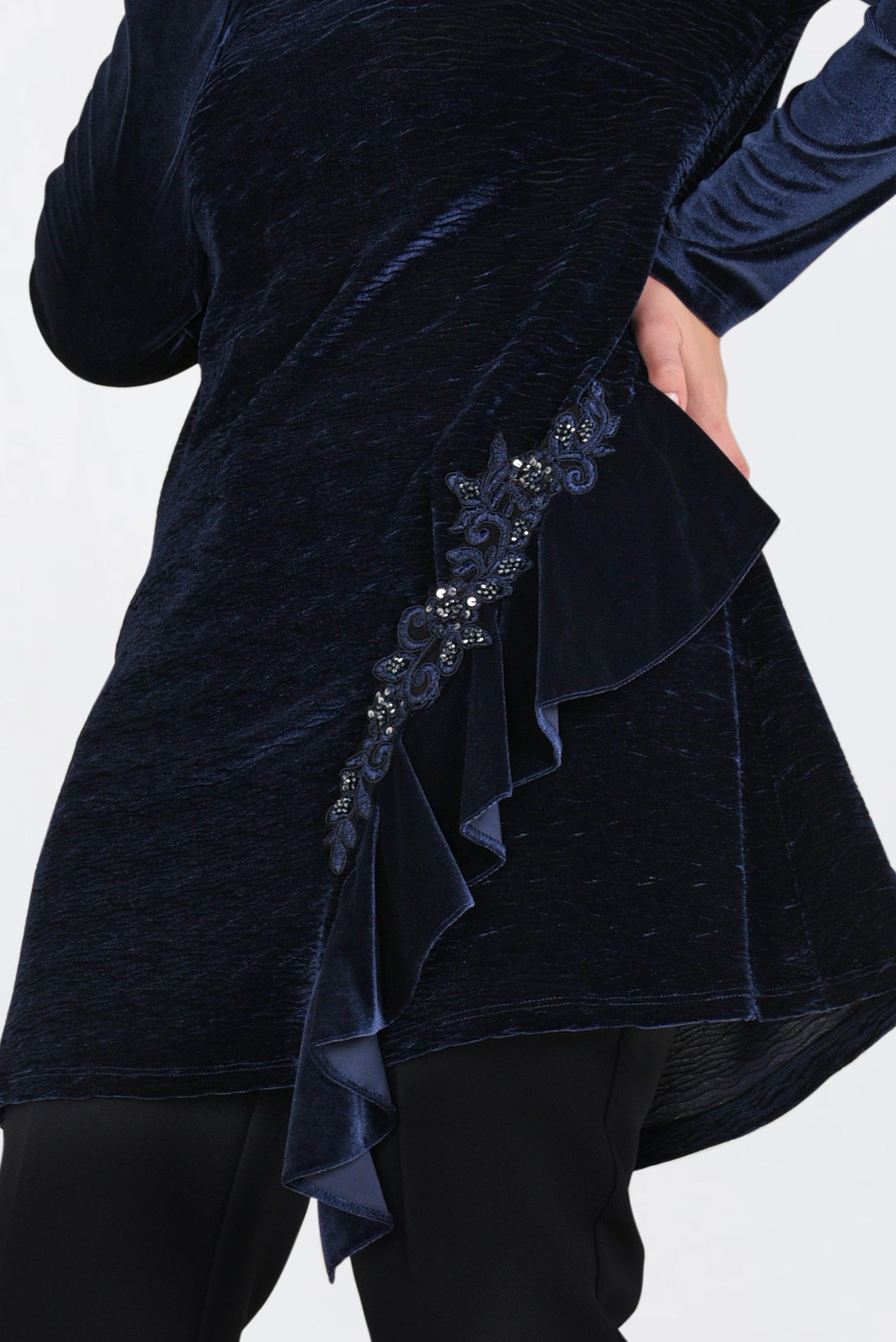 Hijab clothing NAVY BLUE EMBROIDERED VELVET PLEATED TUNIC 2756 