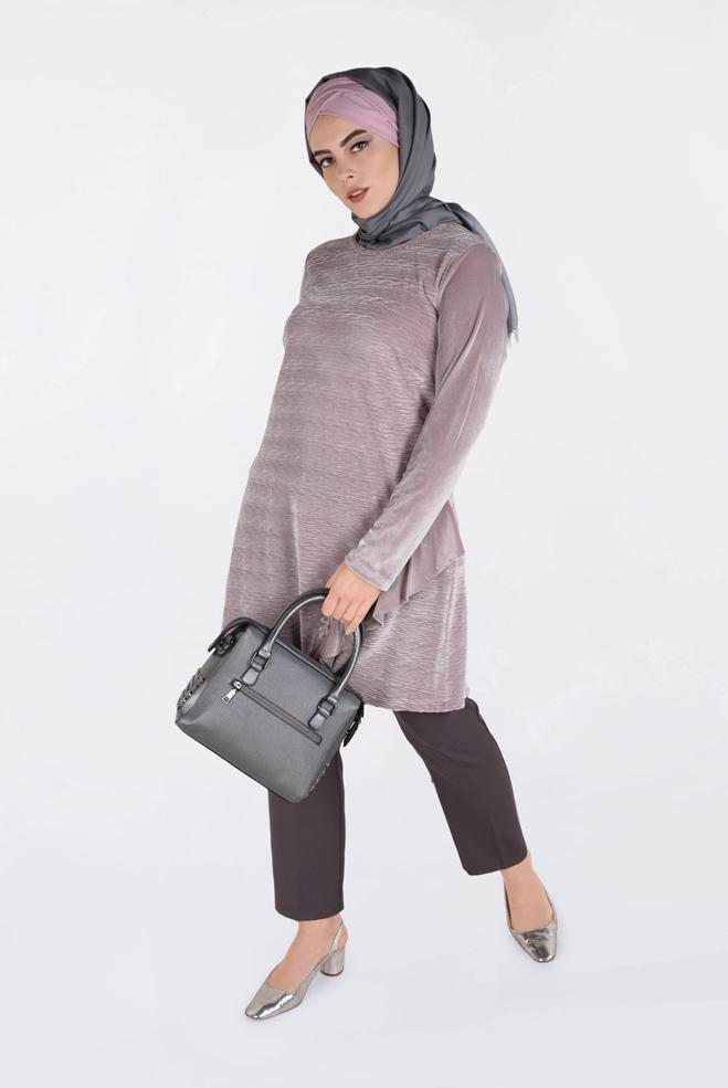 Tesettür giyim PUDRA İŞLEMELİ KADİFE PİLİSE TUNİK 2756 - ALVİNA