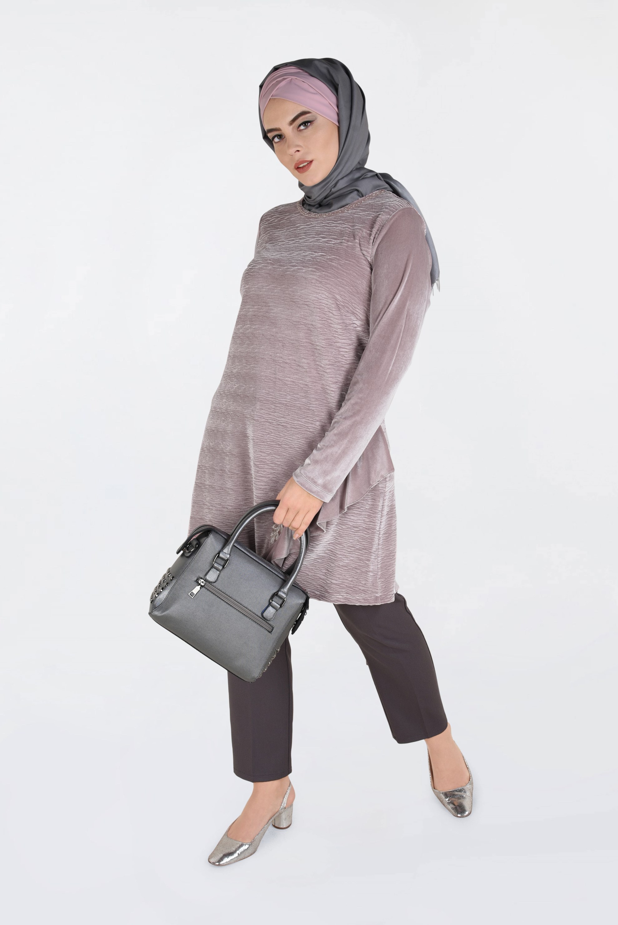 Hijab clothing POWDER EMBROIDERED VELVET PLEATED TUNIC 2756 