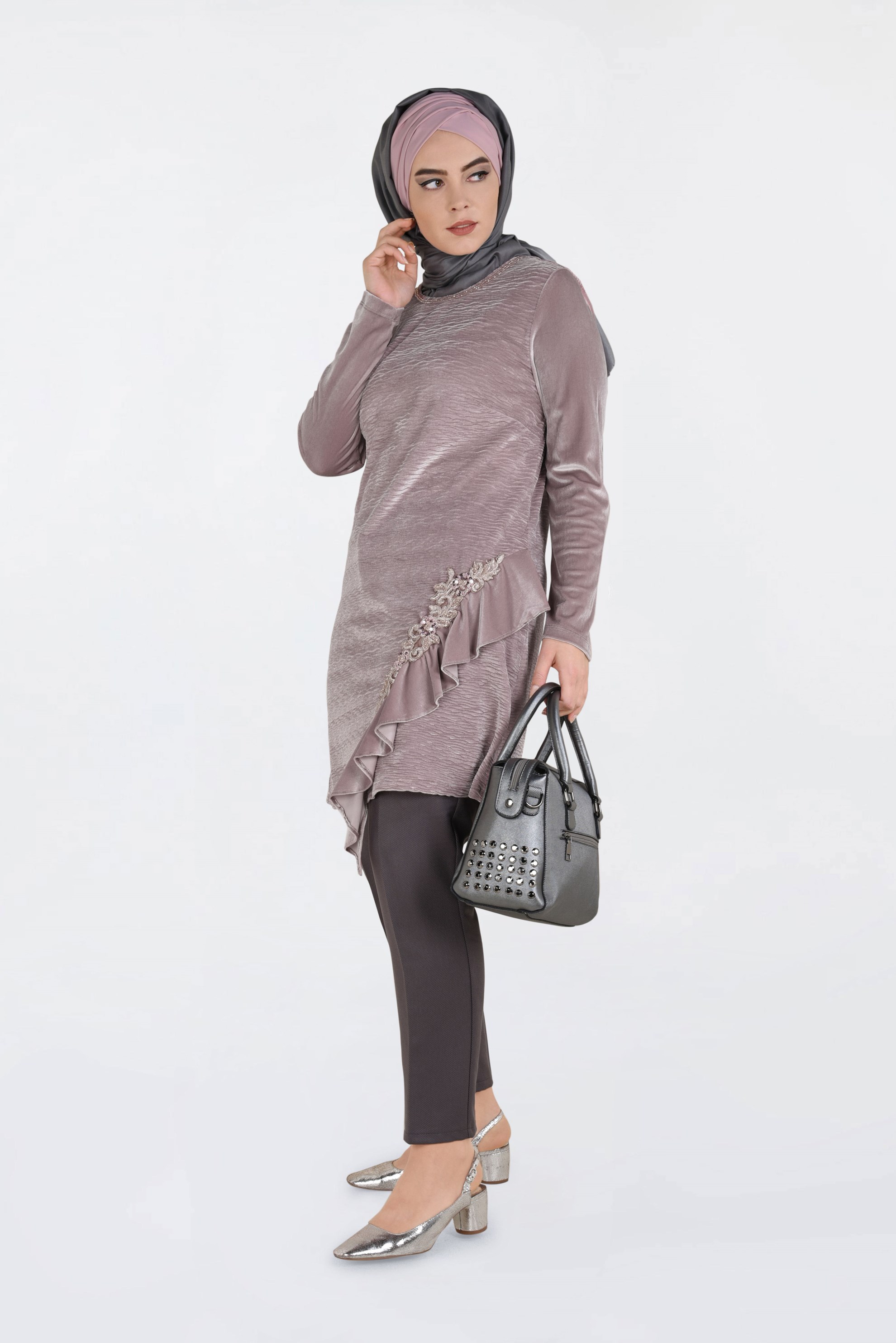 Hijab clothing POWDER EMBROIDERED VELVET PLEATED TUNIC 2756 