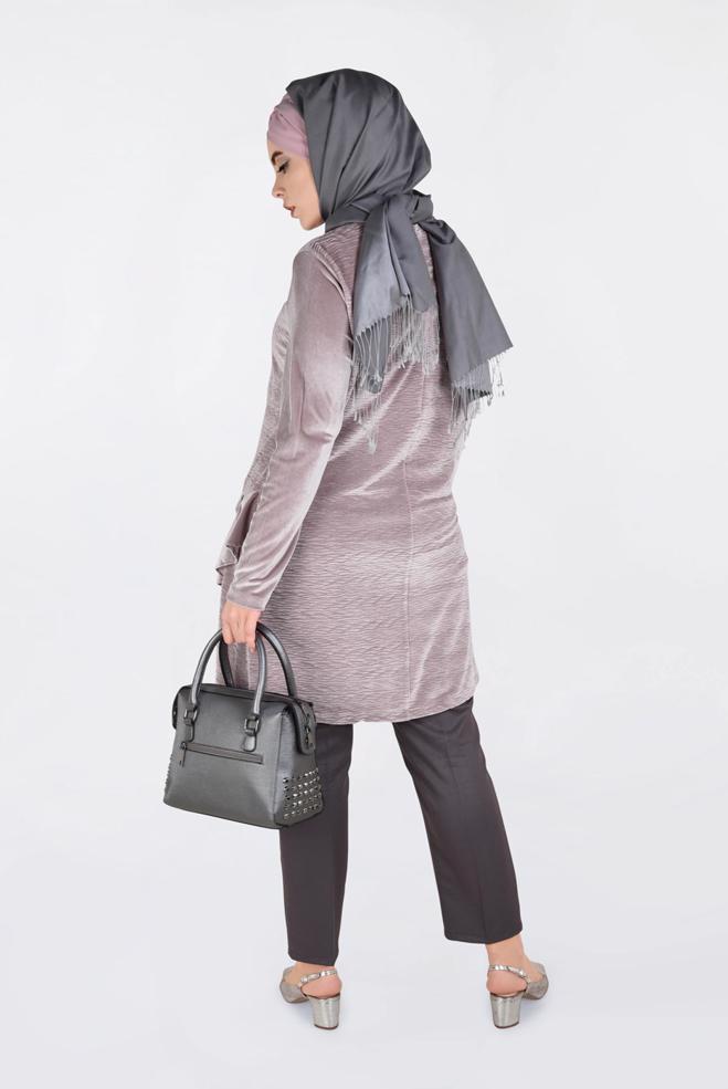 Tesettür giyim PUDRA İŞLEMELİ KADİFE PİLİSE TUNİK 2756 - ALVİNA