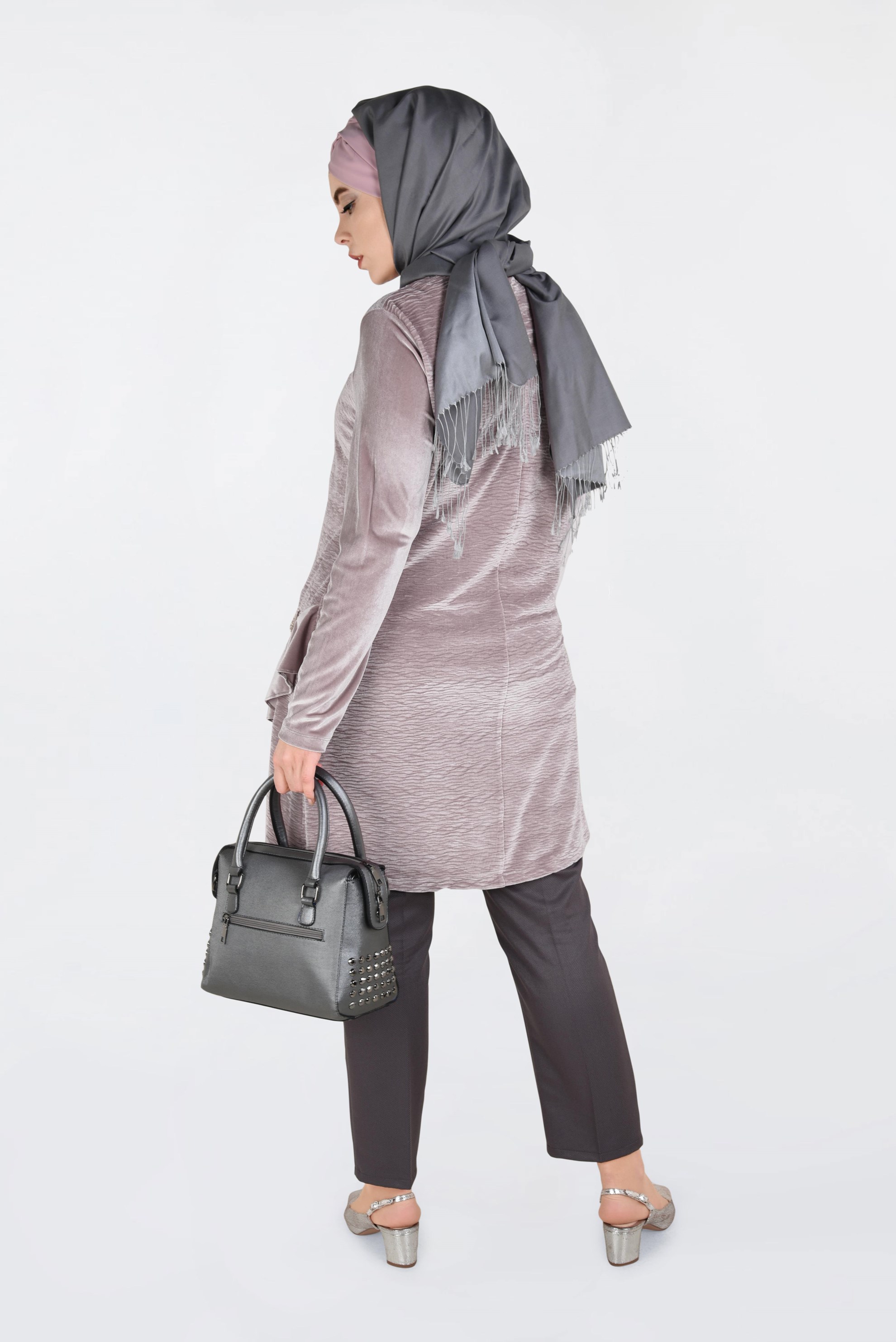 Hijab clothing POWDER EMBROIDERED VELVET PLEATED TUNIC 2756 