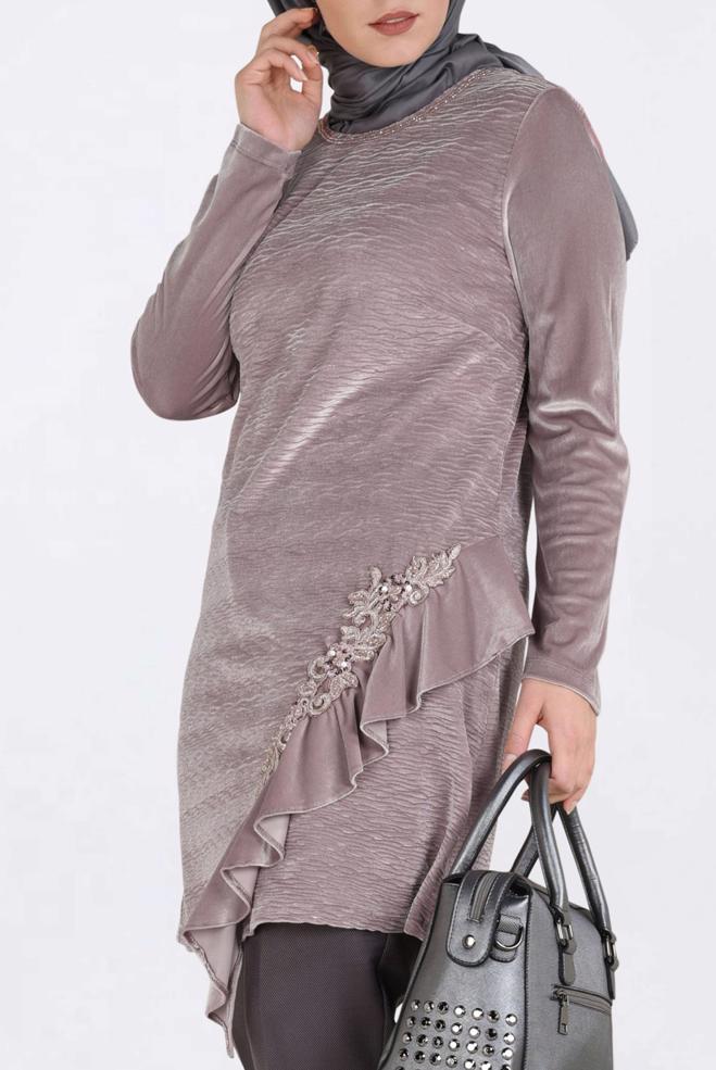 Tesettür giyim PUDRA İŞLEMELİ KADİFE PİLİSE TUNİK 2756 - ALVİNA