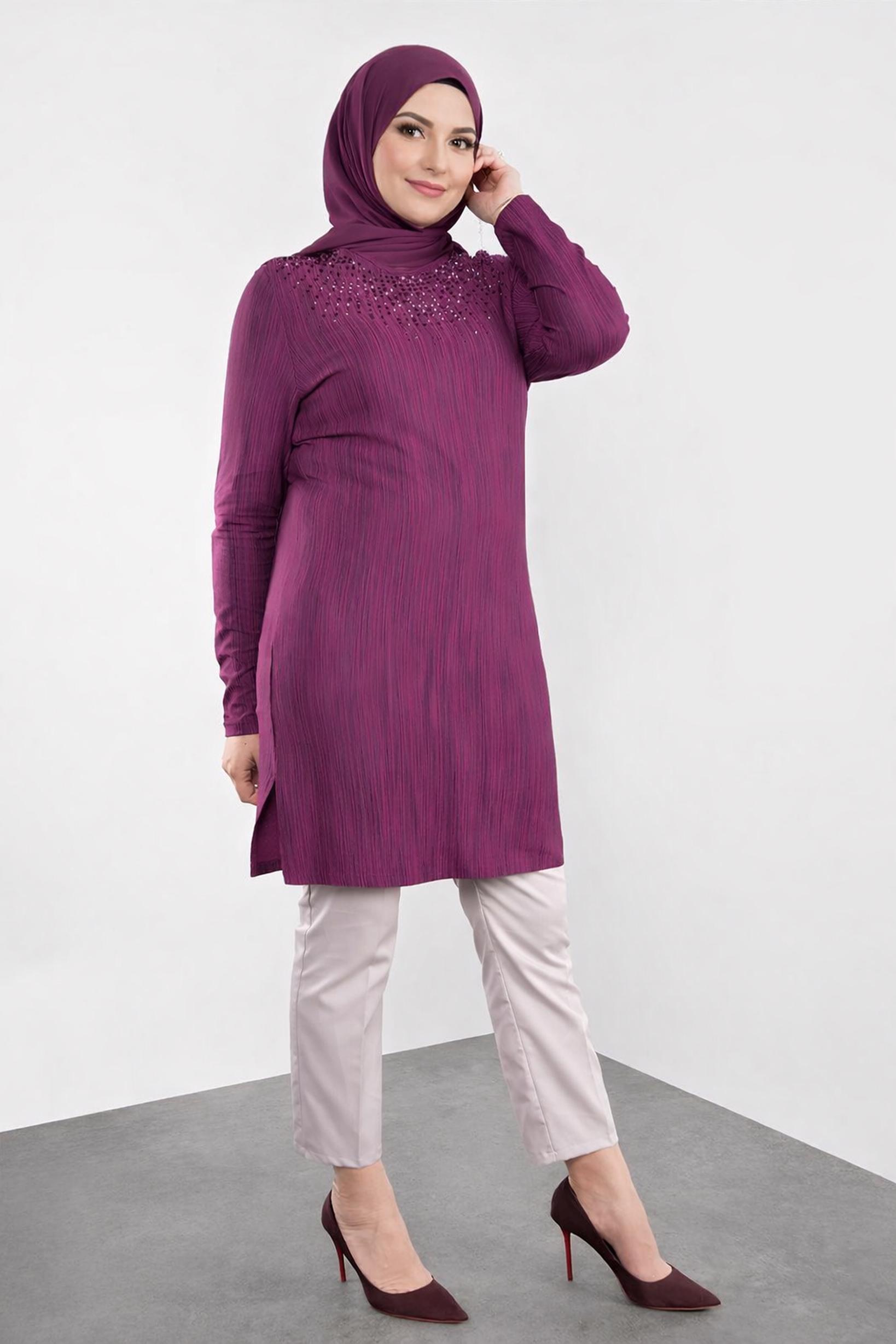 Tesettür giyim FUŞYA TAŞ BASKILI TUNİK 2774