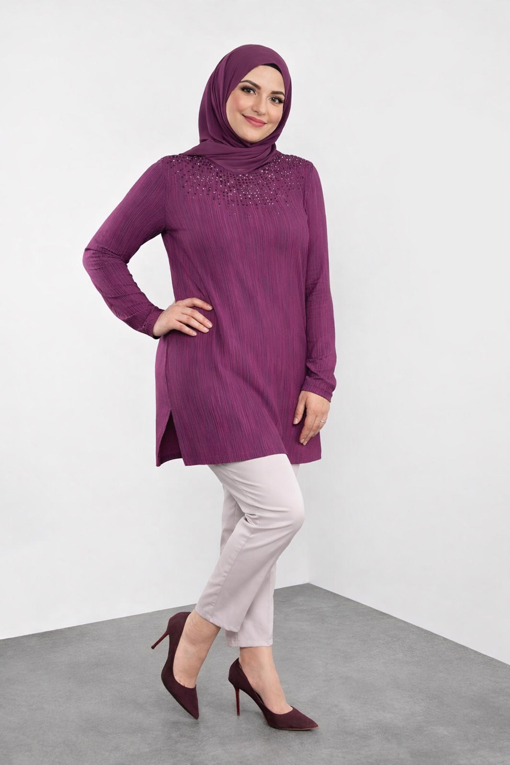 Tesettür giyim FUŞYA TAŞ BASKILI TUNİK 2774