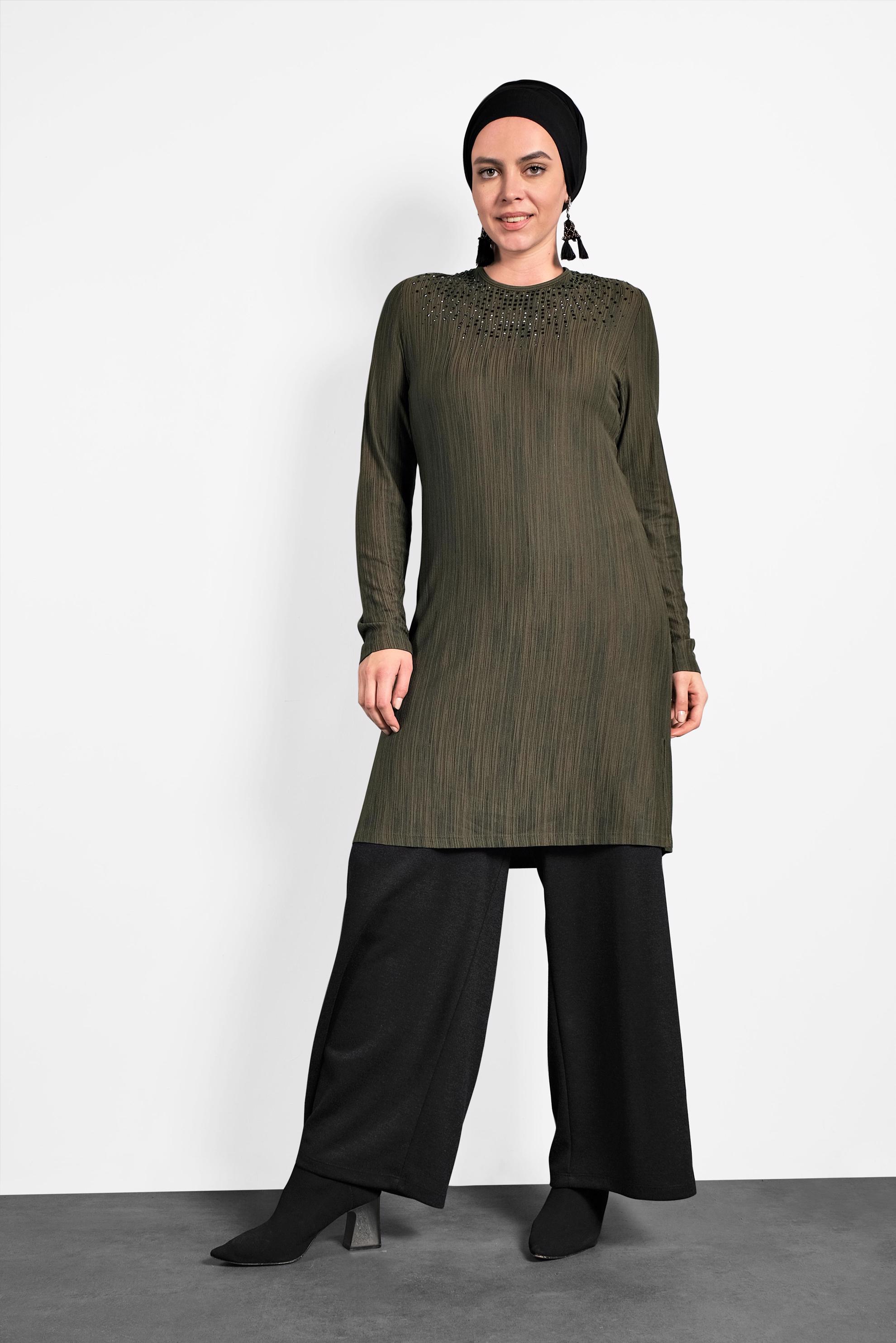 Tesettür giyim HAKİ TAŞ BASKILI TUNİK 2774