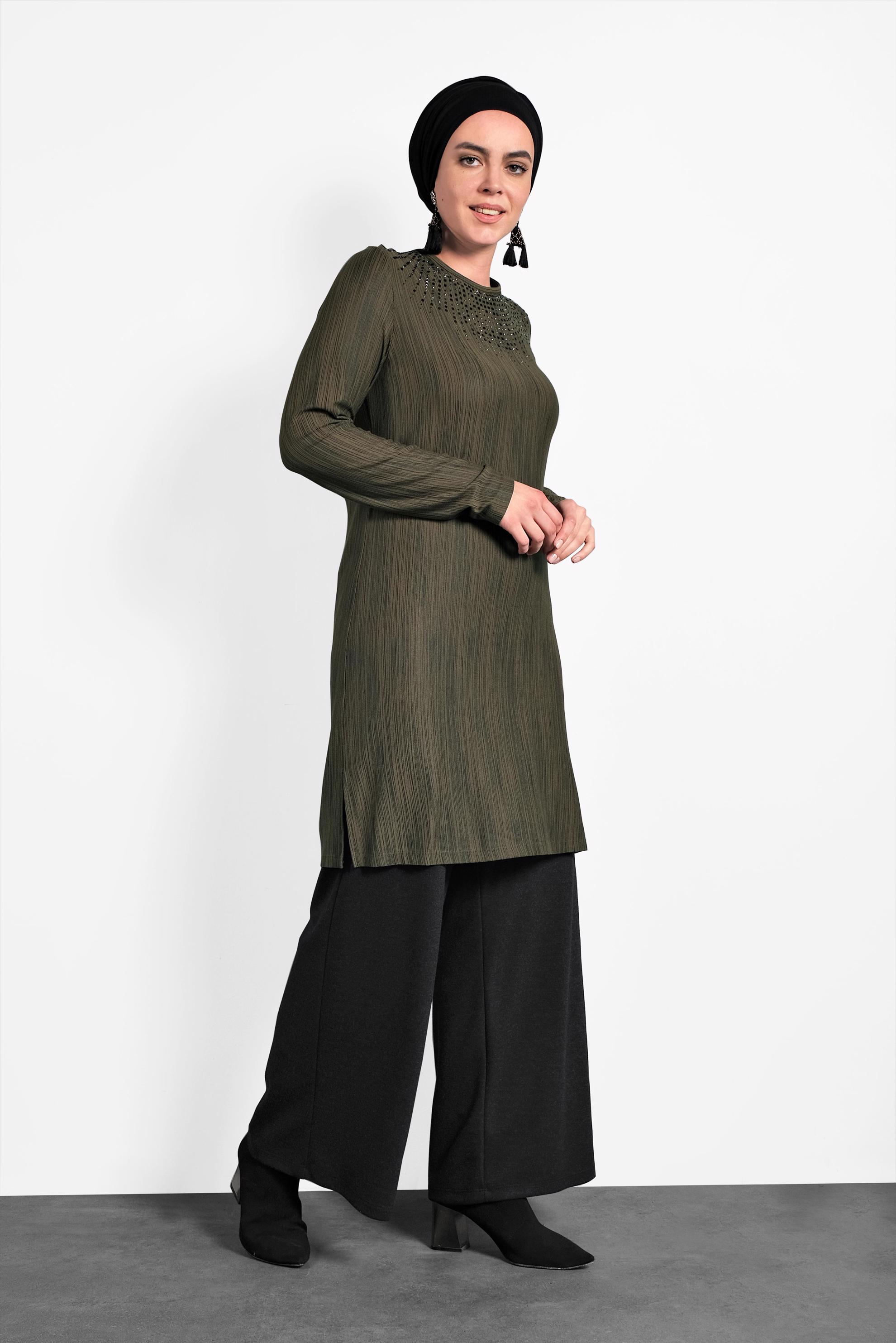 Tesettür giyim HAKİ TAŞ BASKILI TUNİK 2774