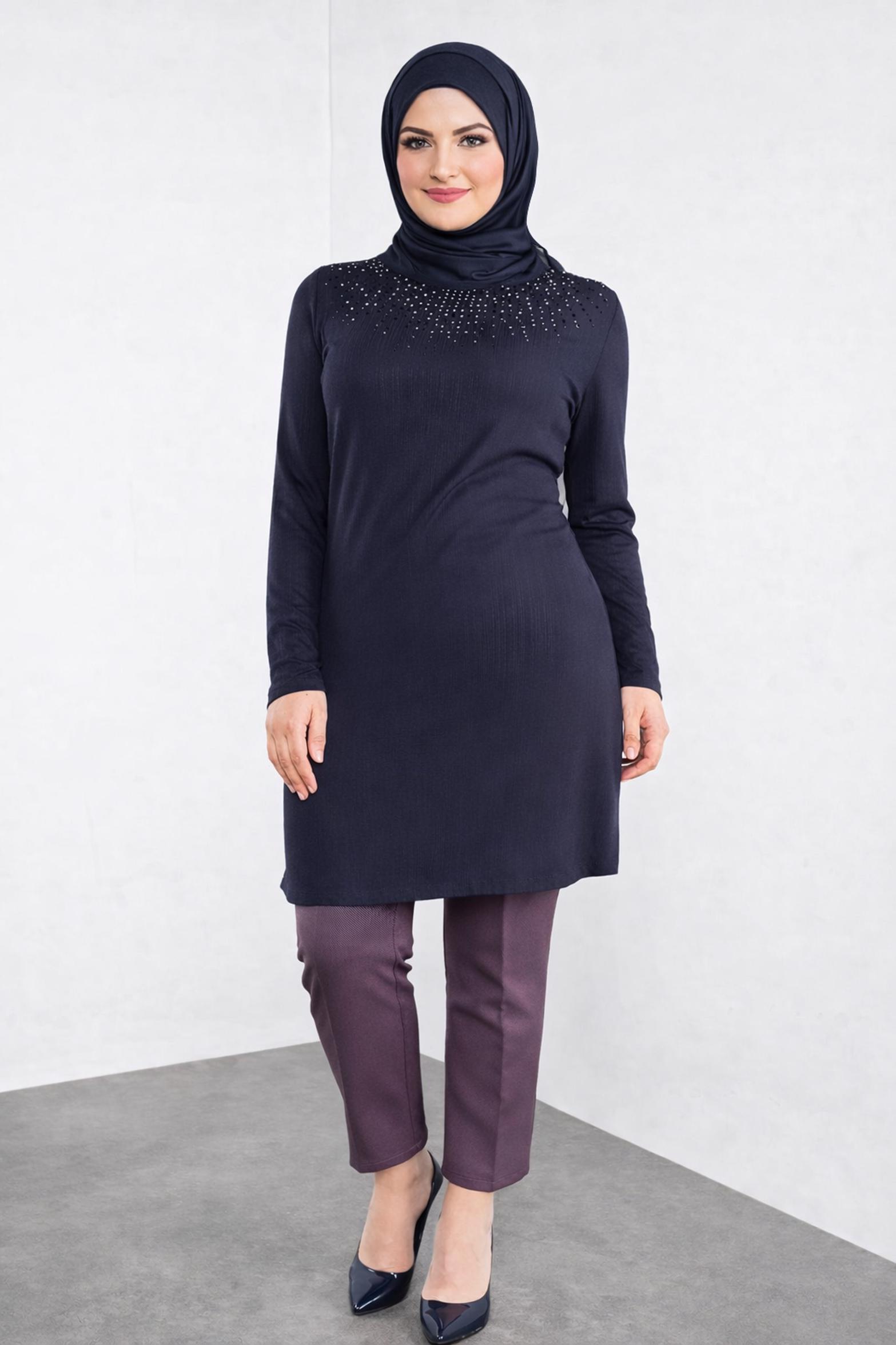 Tesettür giyim LACİVERT TAŞ BASKILI TUNİK 2774