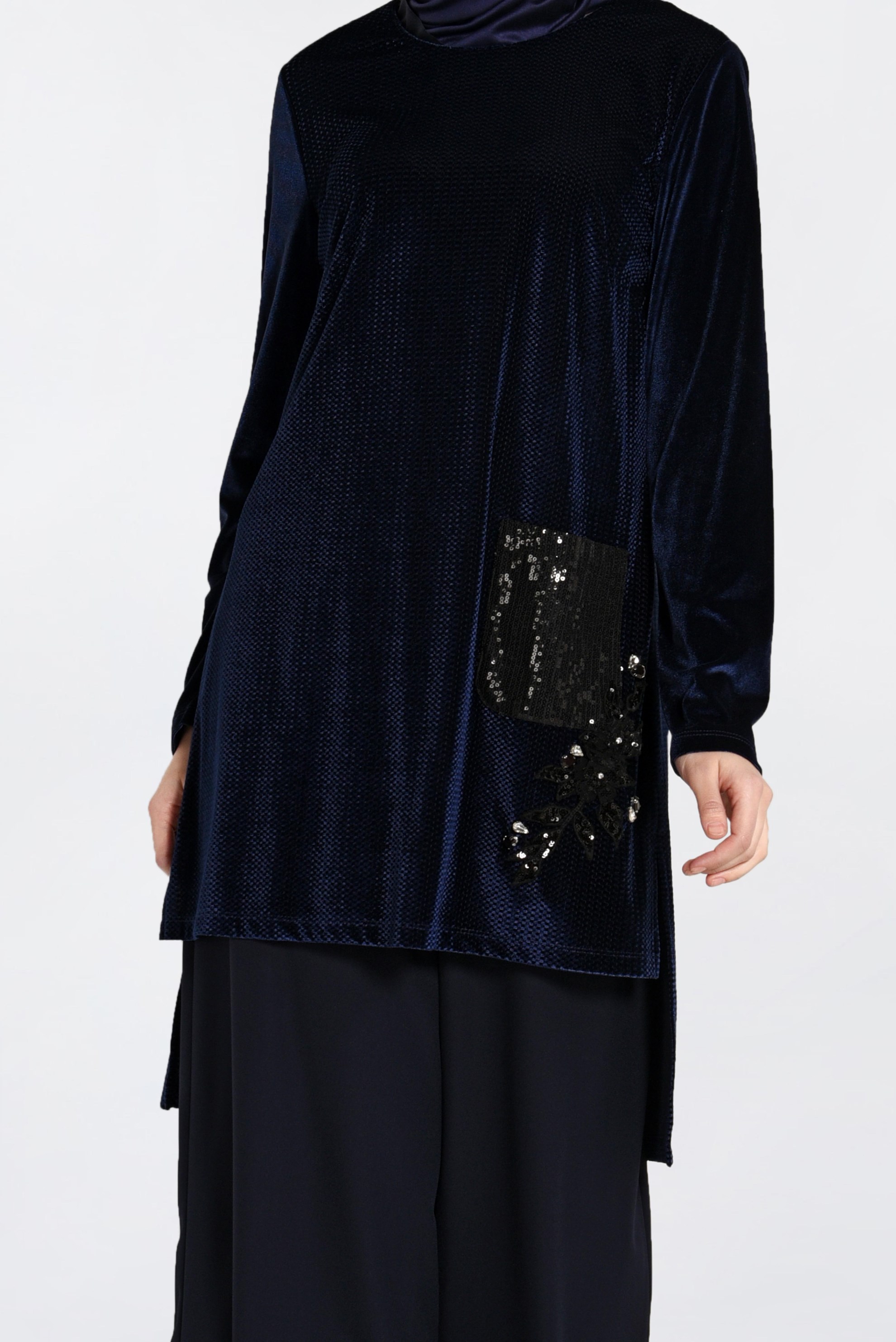 Hijab clothing NAVY BLUE SEQUINED VELVET TUNIC 2850