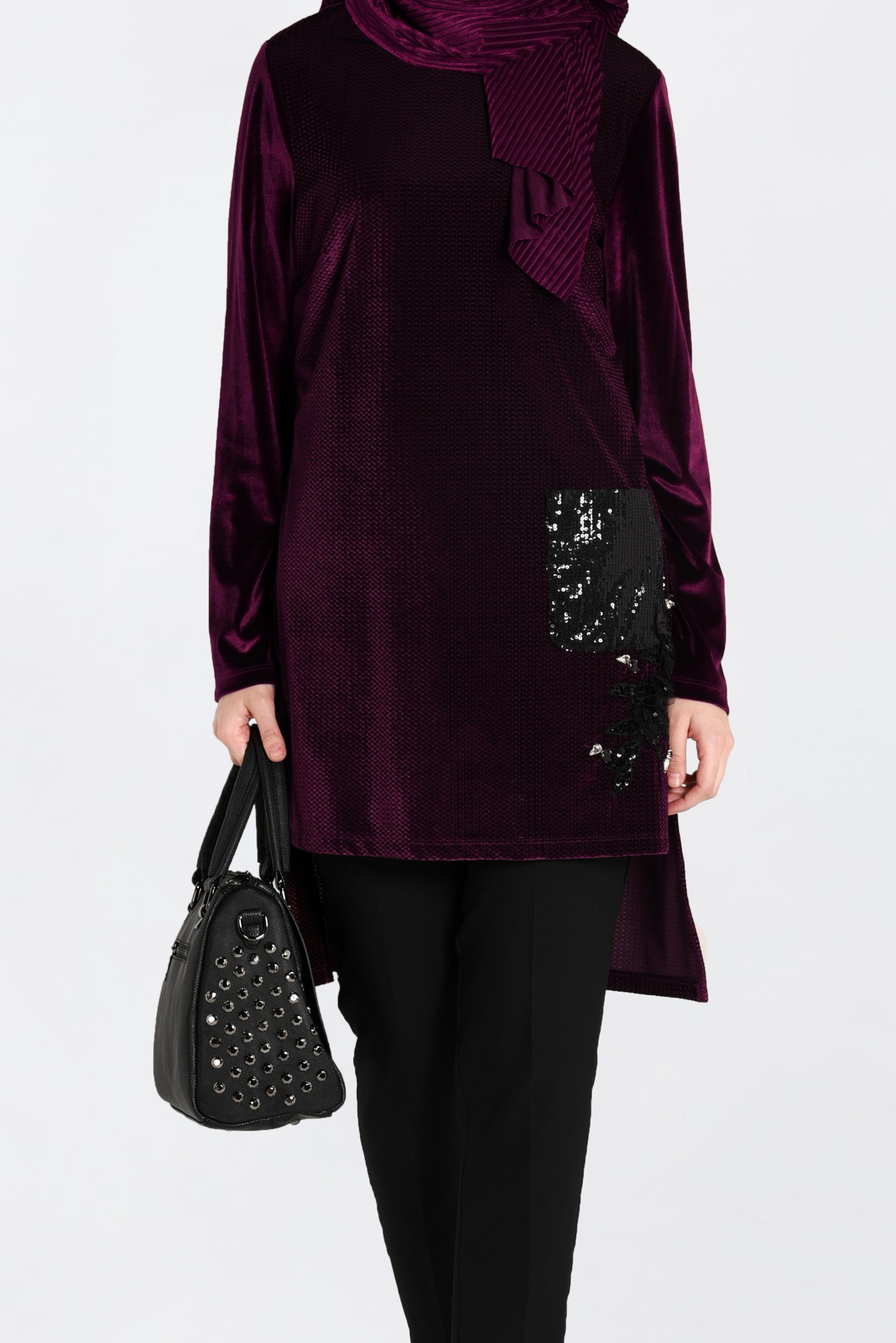 Tesettür giyim MÜRDÜM PUL PAYETLİ KADİFE TUNİK 2850