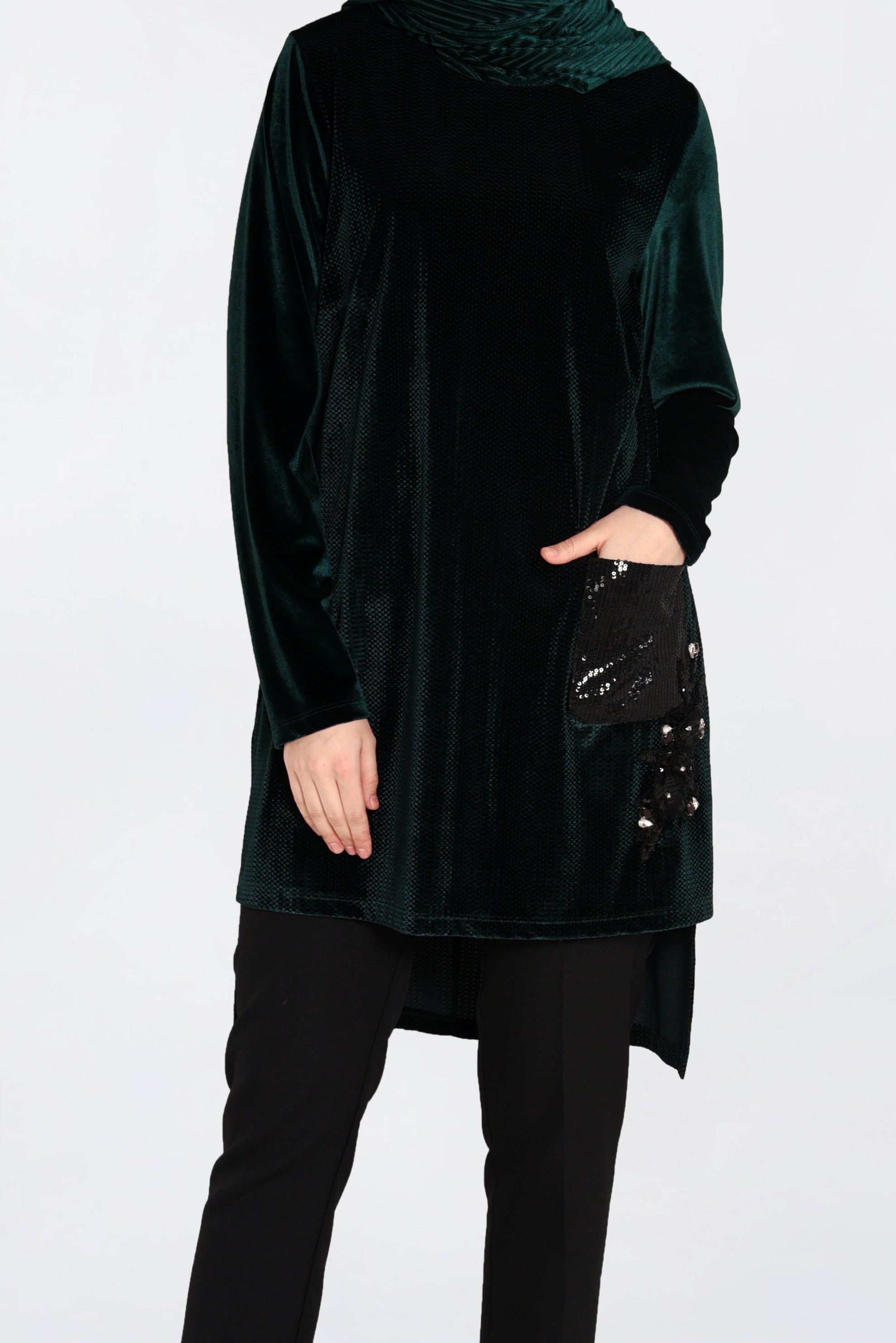 Hijab clothing GREEN SEQUINED VELVET TUNIC 2850