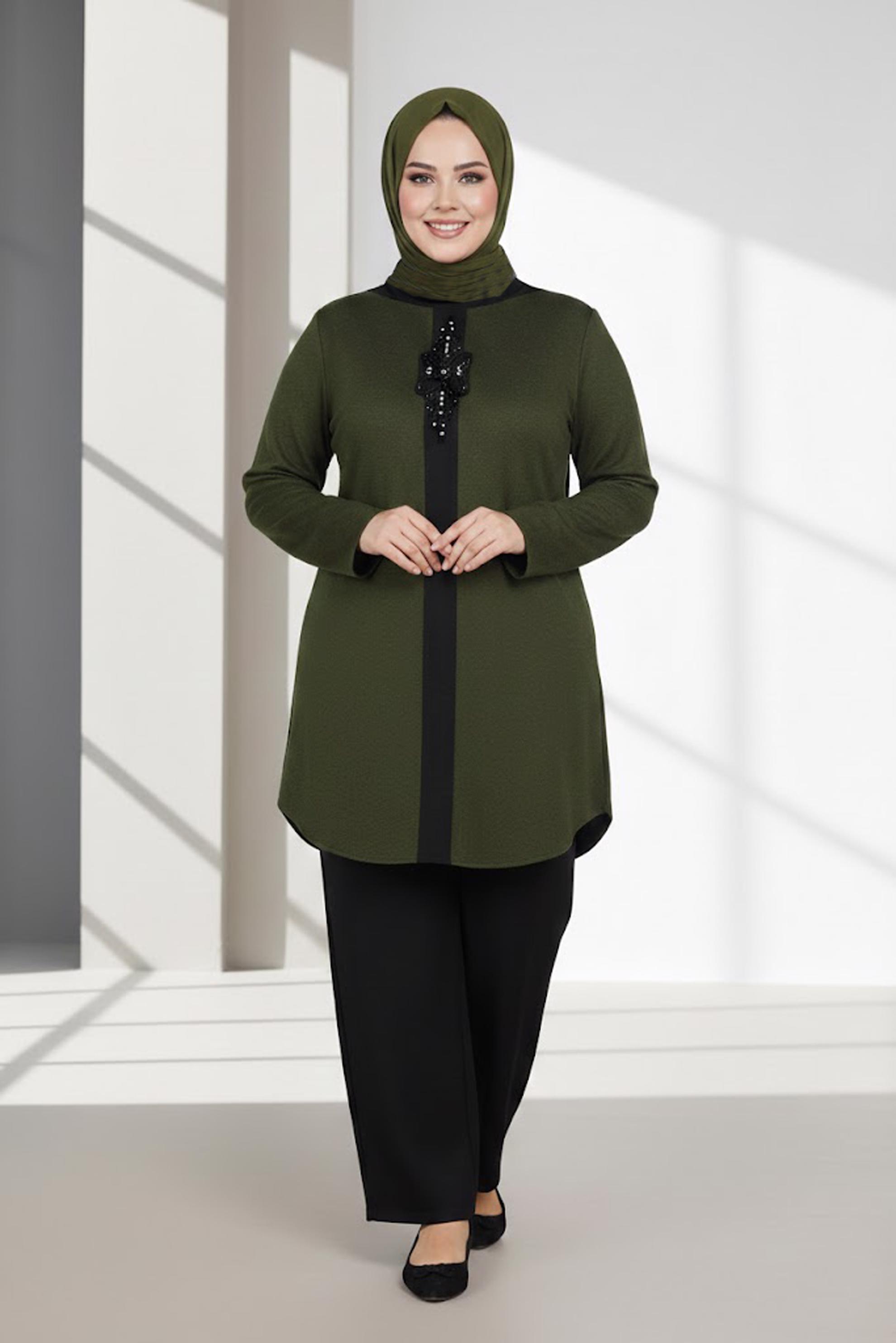 Tesettür giyim HAKİ ŞERİT DETAYLI BONCUK İŞLEMELİ TUNİK 2852