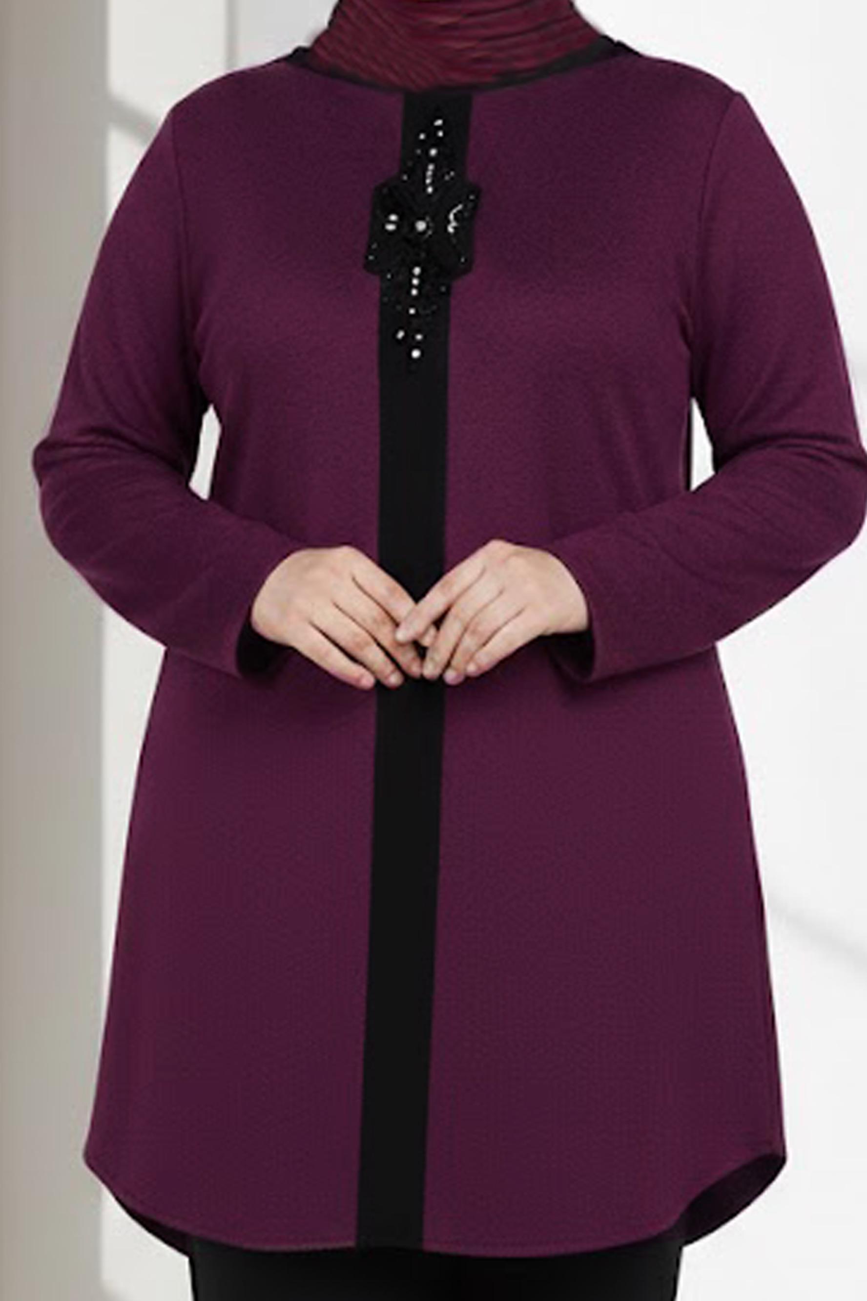 Tesettür giyim MOR ŞERİT DETAYLI BONCUK İŞLEMELİ TUNİK 2852