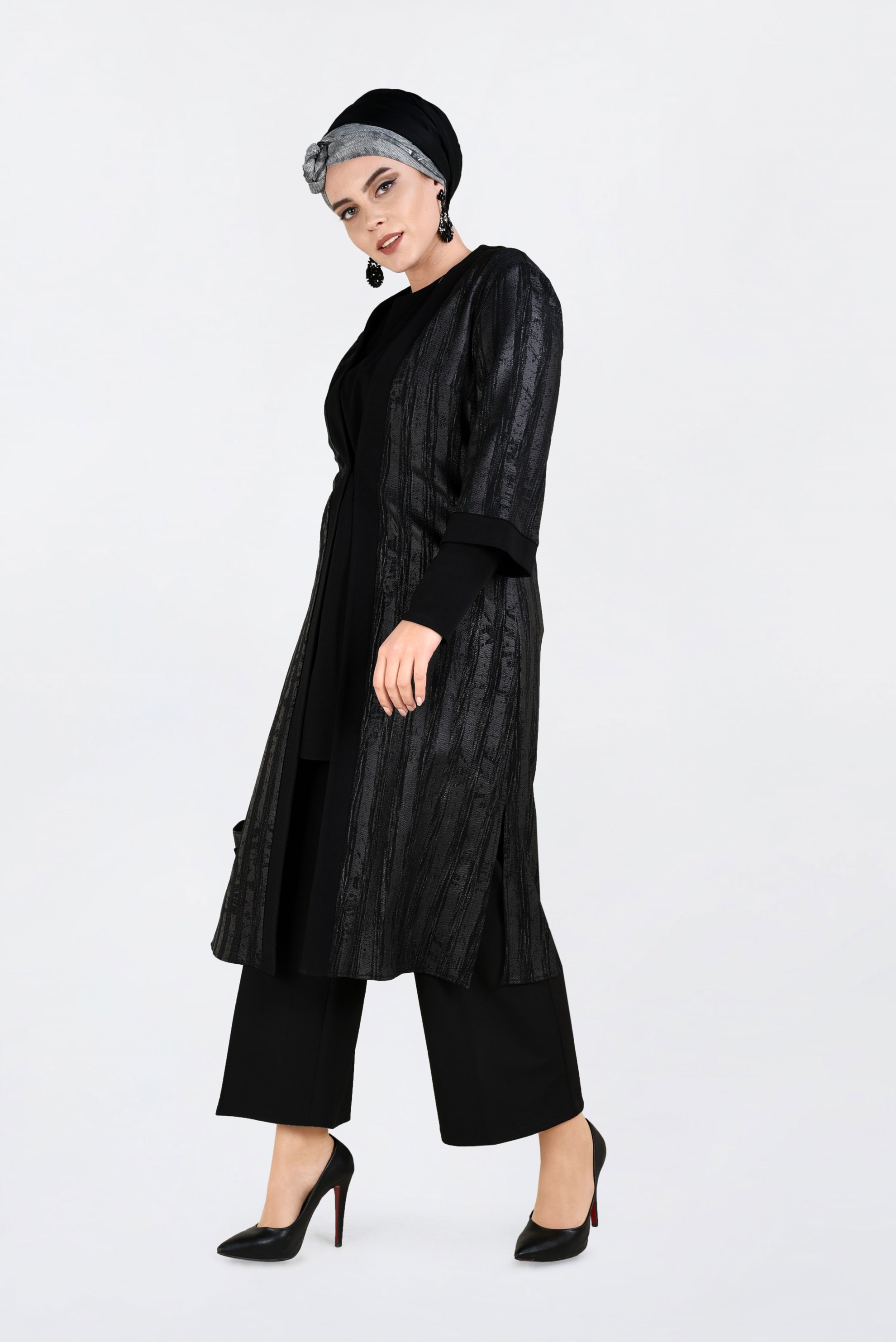 Tesettür giyim SİYAH ÇİZGİLİ 2Lİ TUNİK 2855 