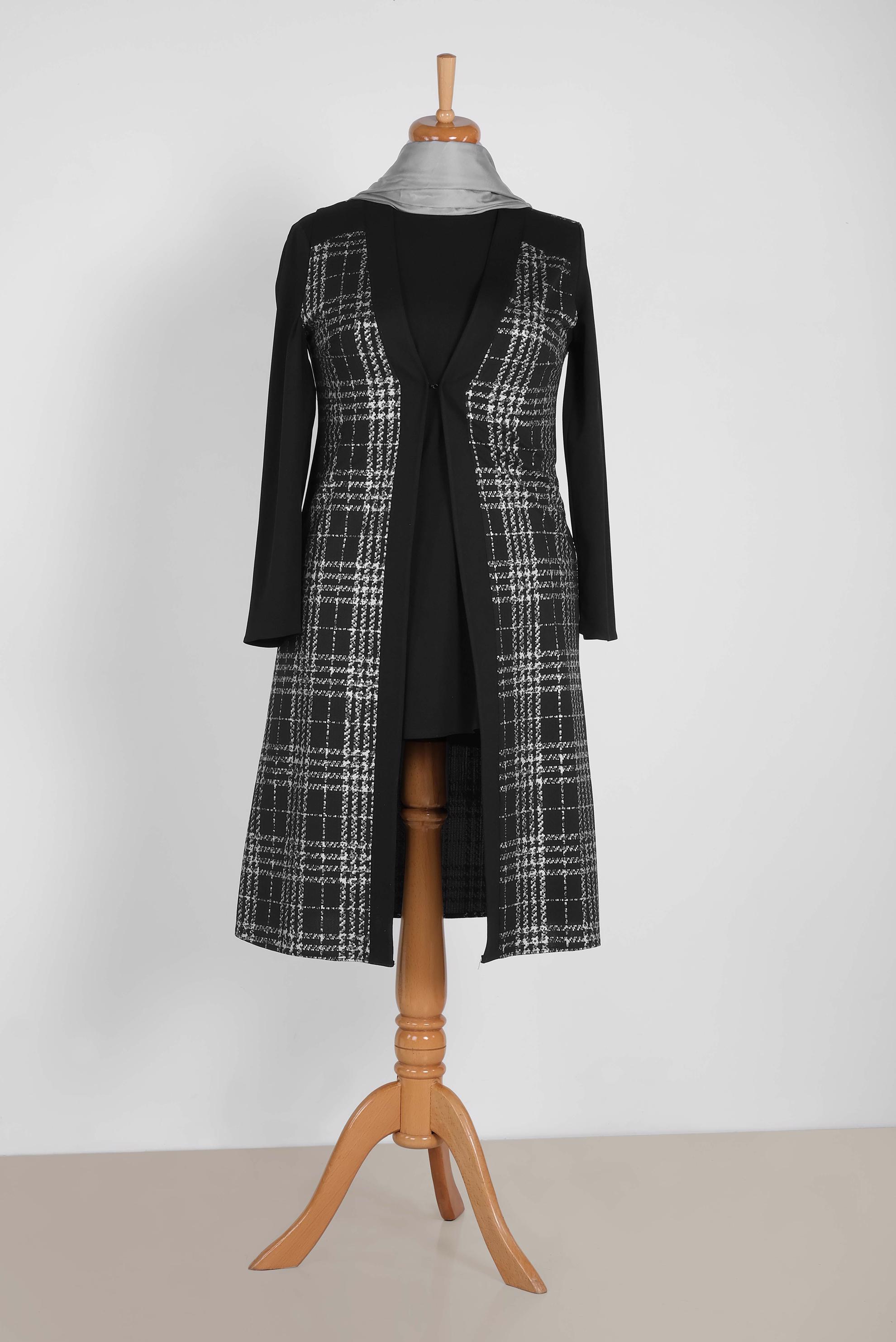 Tesettür giyim GRİ EKOSE YELEKLİ TUNİK 2856