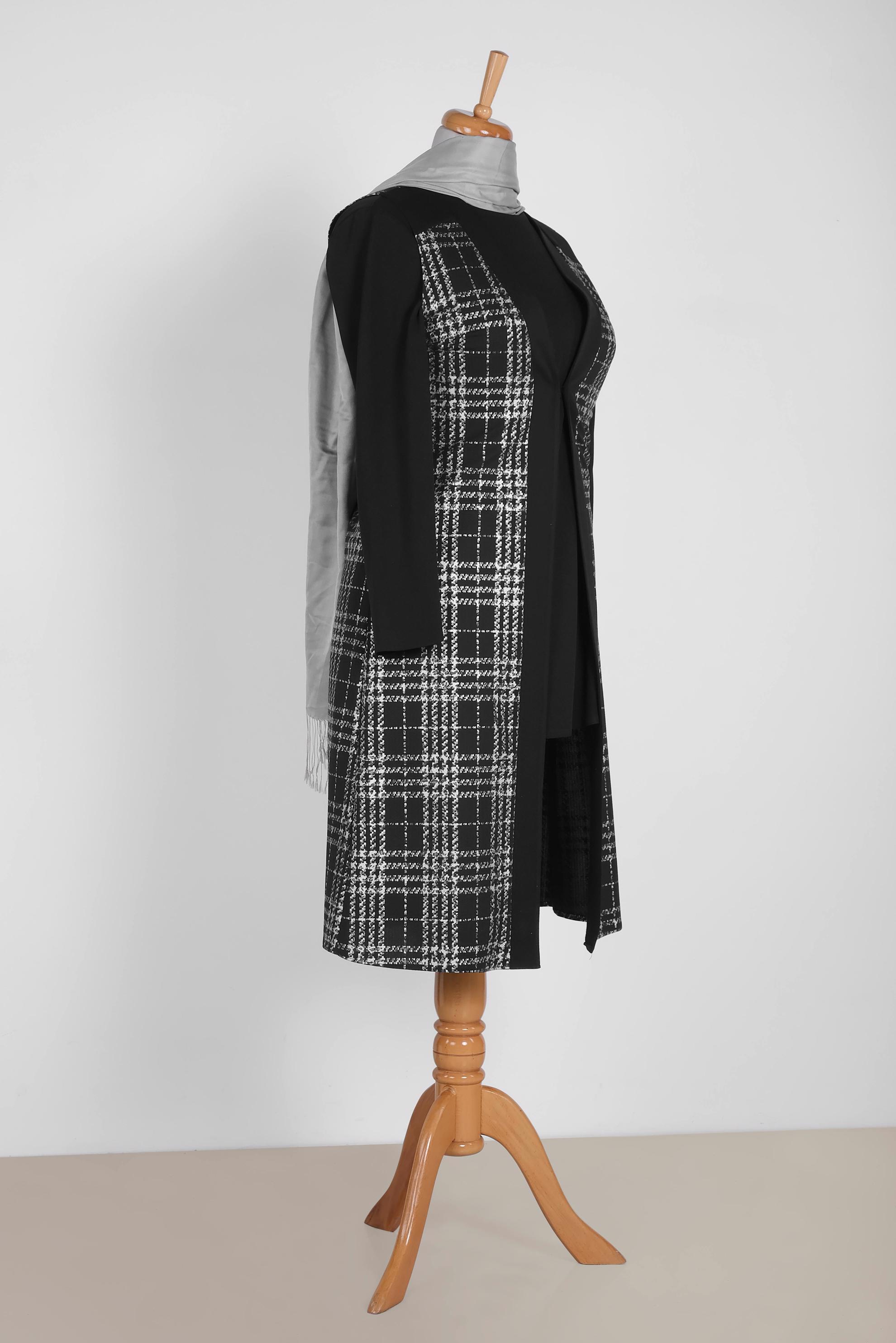 Tesettür giyim GRİ EKOSE YELEKLİ TUNİK 2856