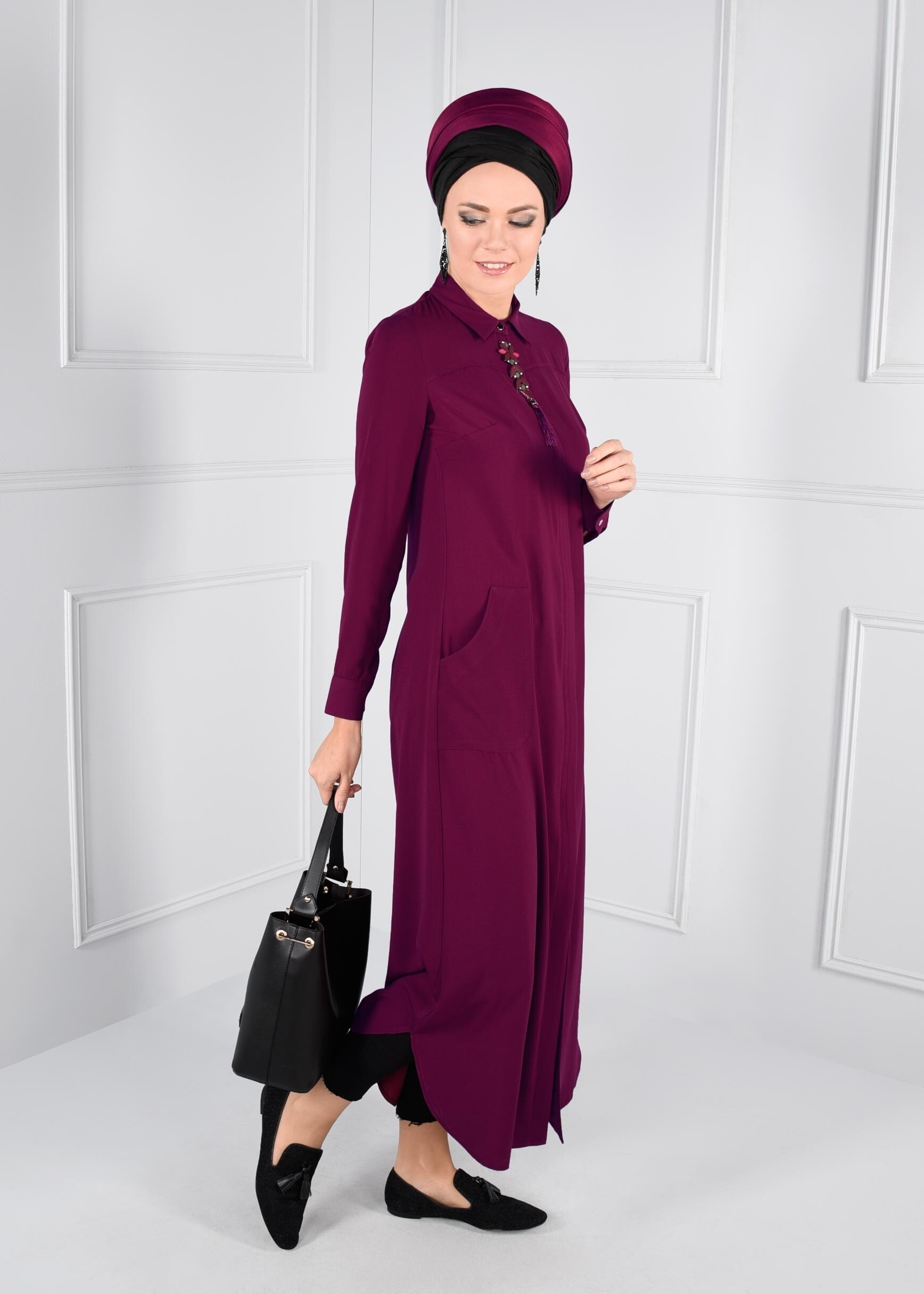 Tesettür giyim MOR BROŞ DETAYLI CEPLİ TUNİK 4445