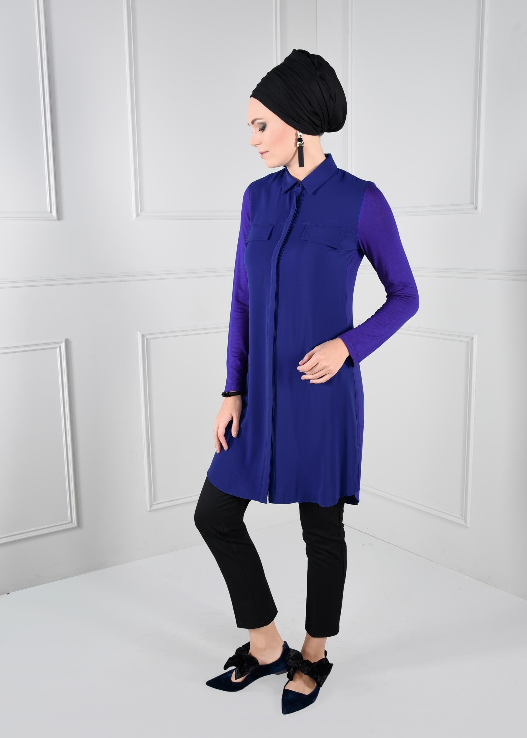 Tesettür giyim LACİVERT GİZLİ DÜĞMELİ DÜZ TUNİK 4597 