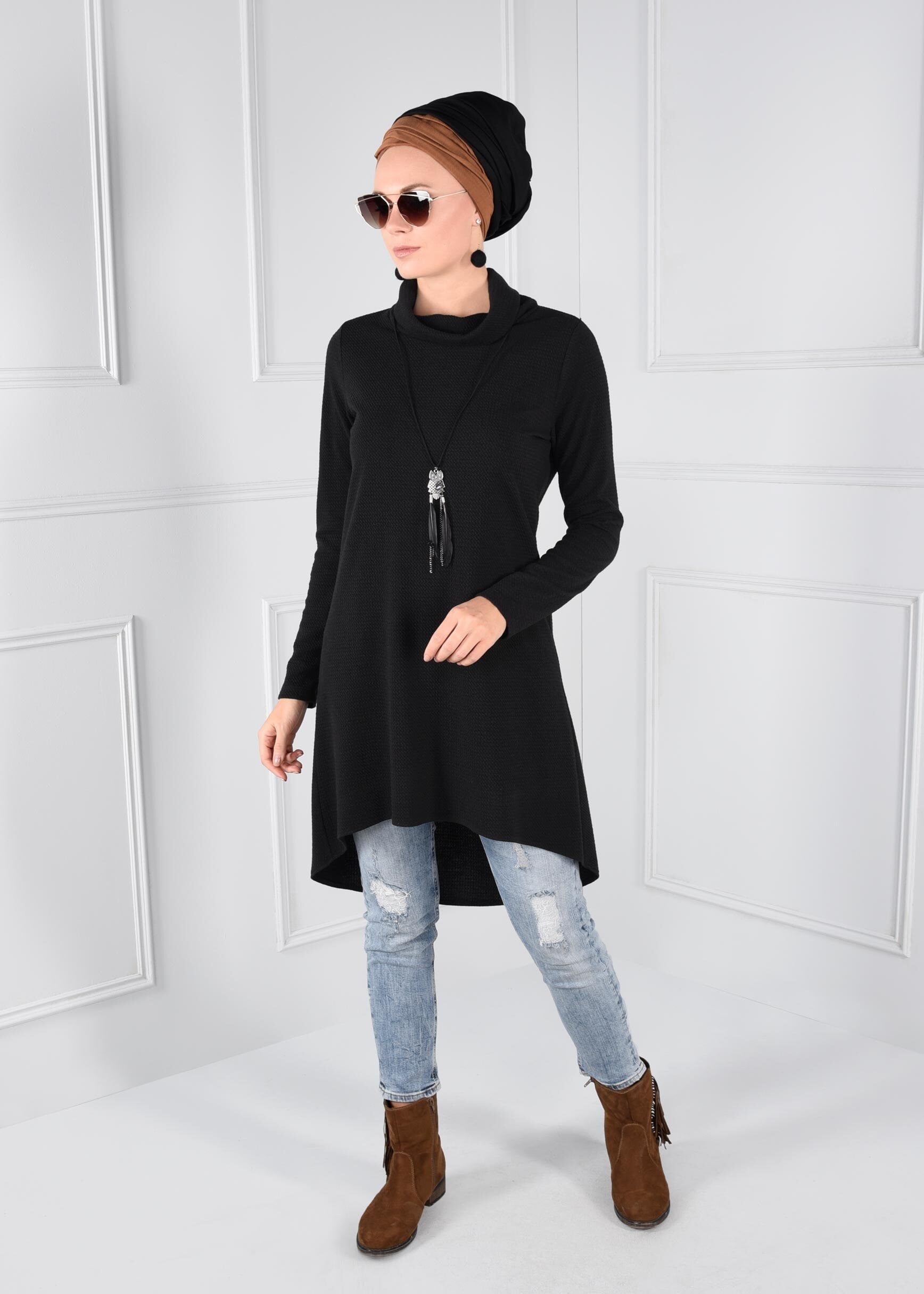 Tesettür giyim SİYAH ASİMETRİK KESİM TUNİK 4613