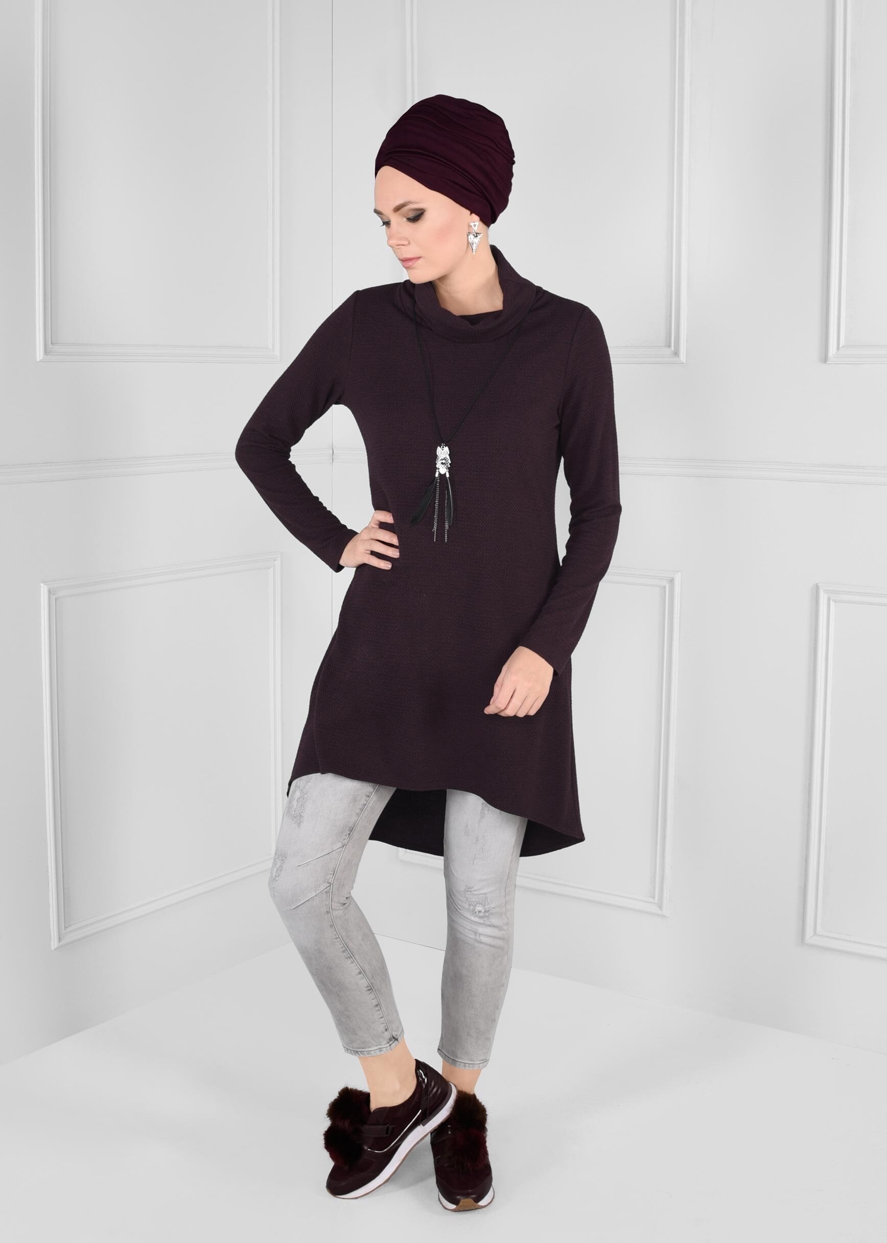 Tesettür giyim MOR ASİMETRİK KESİM TUNİK 4613