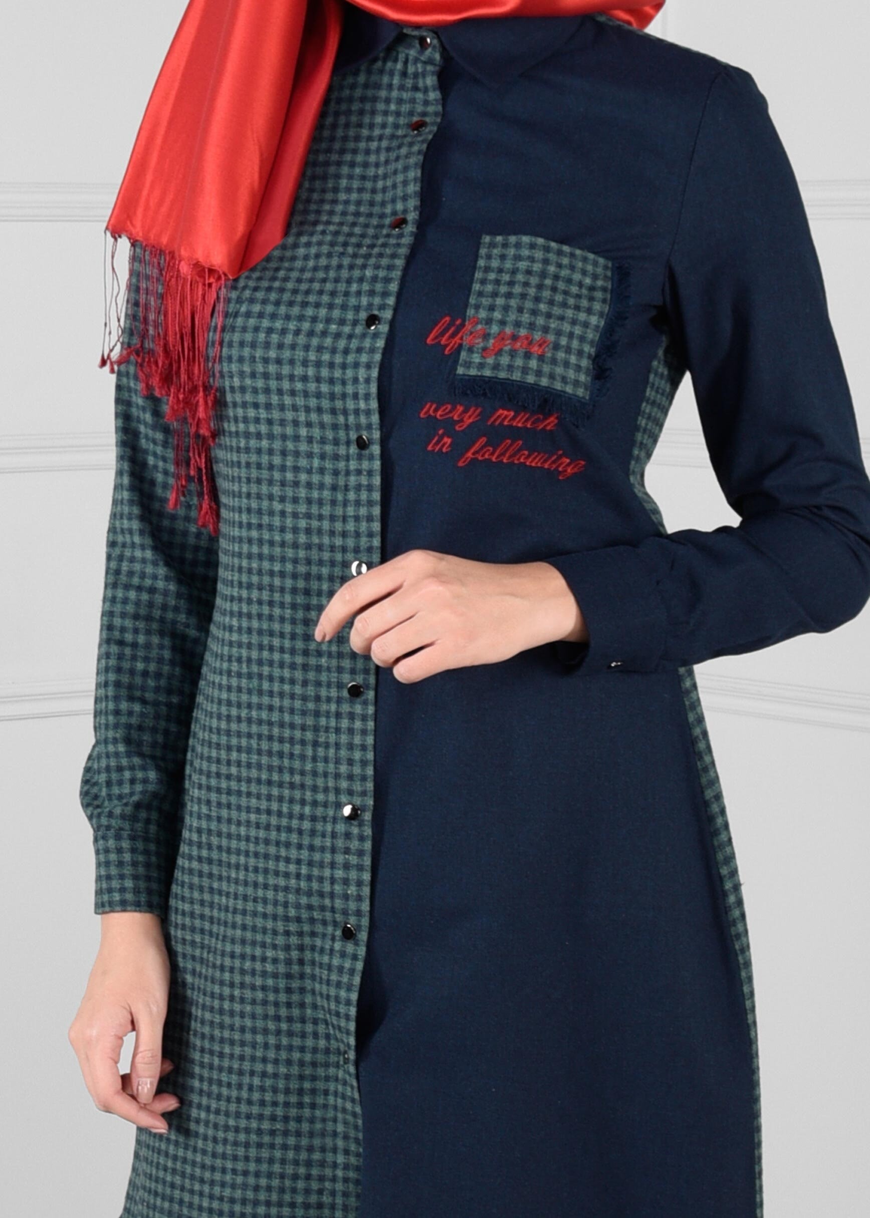 Tesettür giyim LACİVERT ÇITÇITLI PÖTİKARE CEP DETAYLI TUNİK 4619