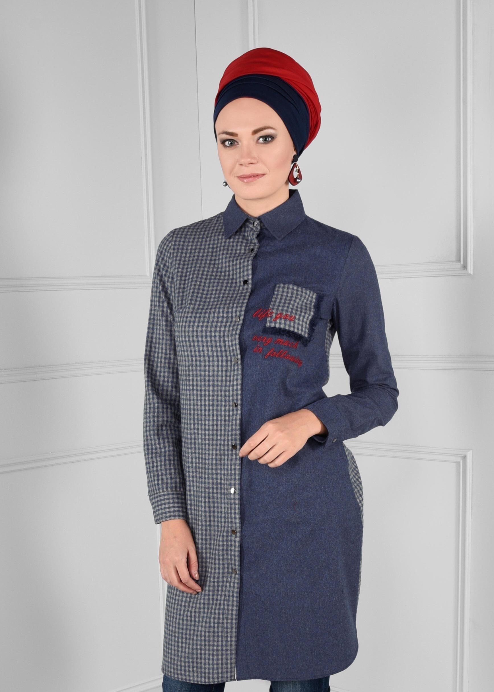 Tesettür giyim LACİVERT ÇITÇITLI PÖTİKARE CEP DETAYLI TUNİK 4619