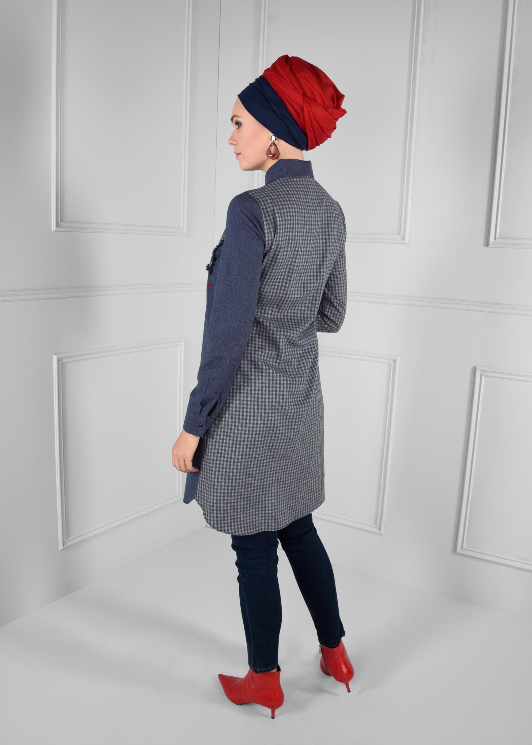 Tesettür giyim LACİVERT ÇITÇITLI PÖTİKARE CEP DETAYLI TUNİK 4619