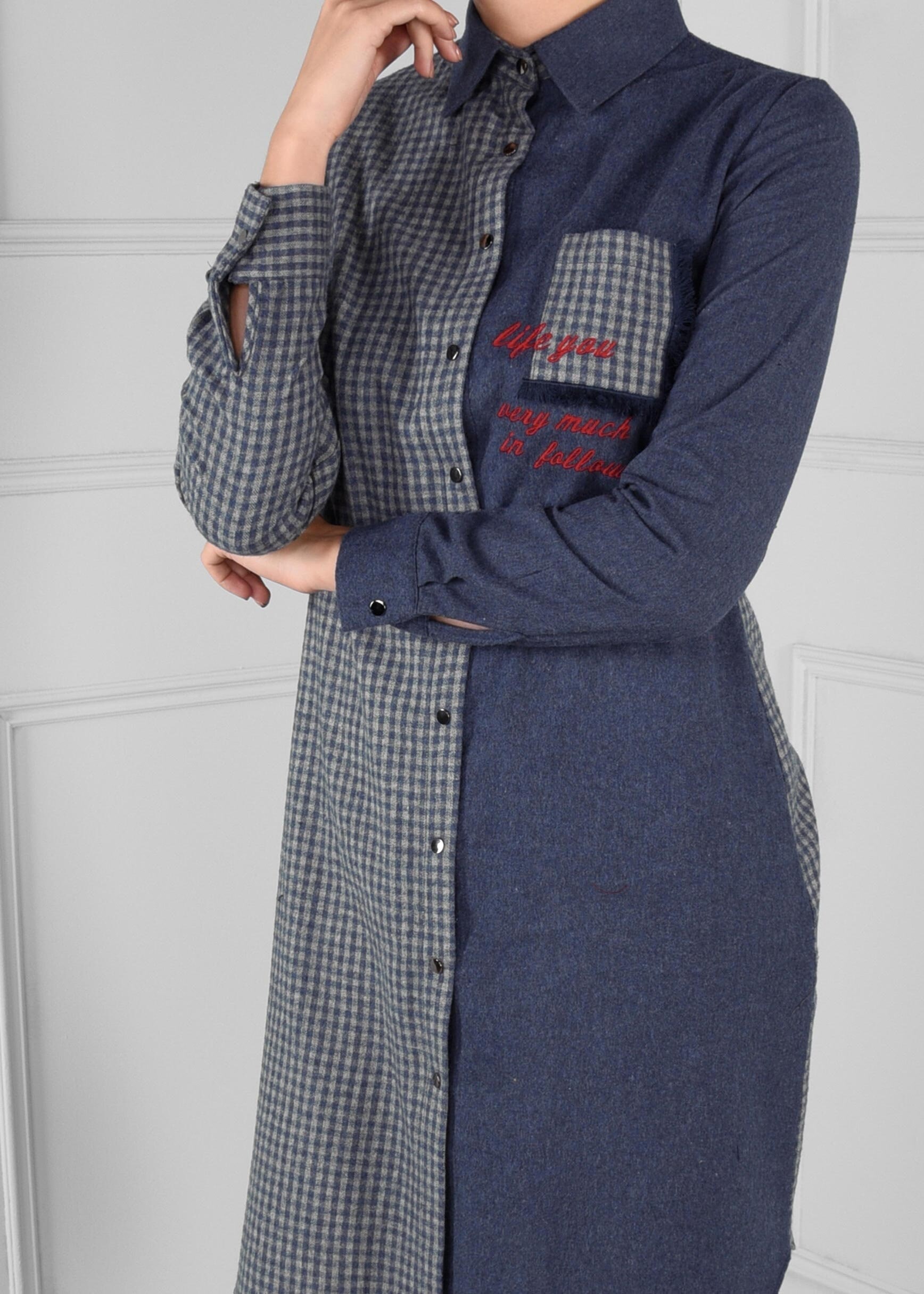 Tesettür giyim LACİVERT ÇITÇITLI PÖTİKARE CEP DETAYLI TUNİK 4619