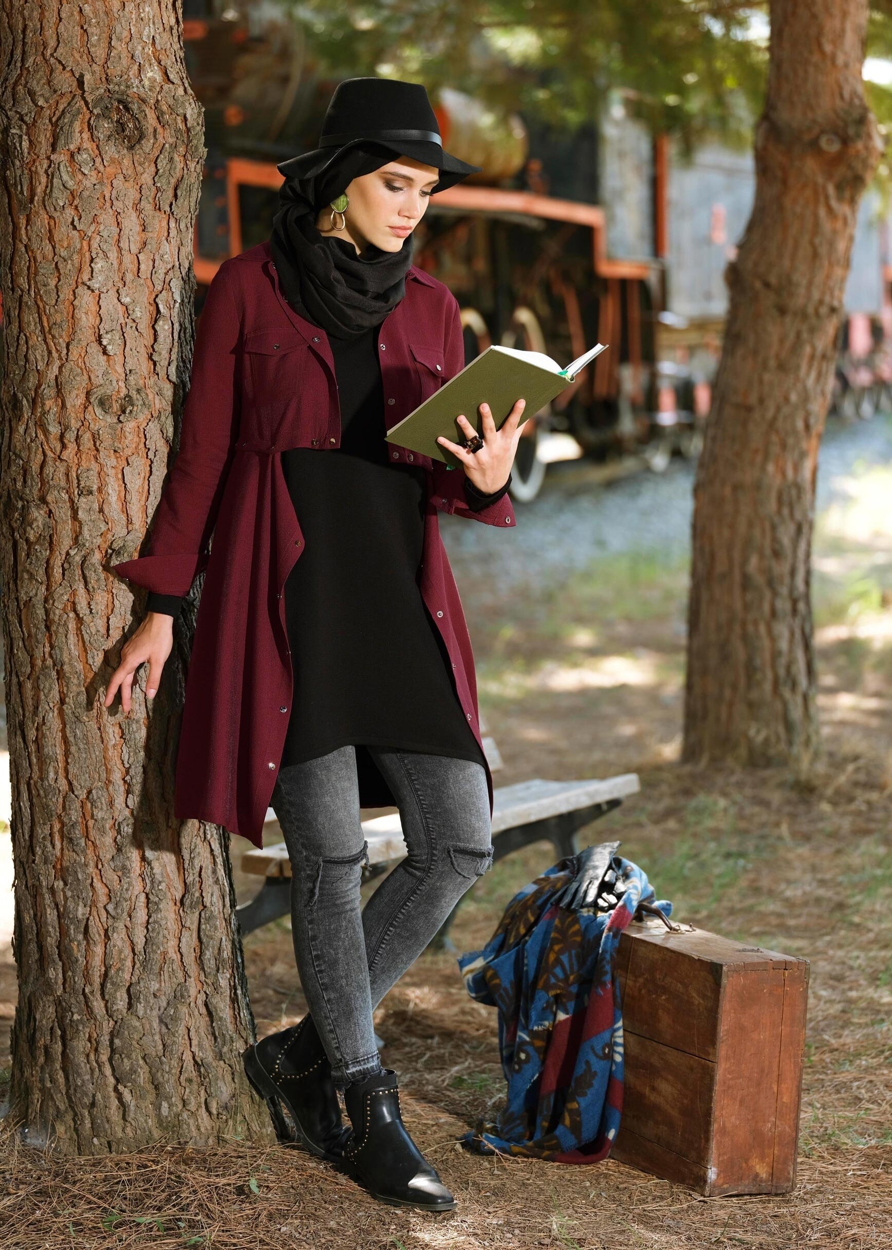 Tesettür giyim BORDO ÇITÇITLI CEP DETAYLI TUNİK 4620