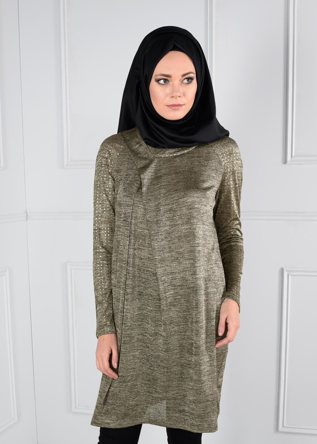 Tesettür giyim ALTIN KOLLARI TAŞ BASKILI TUNİK 4621 