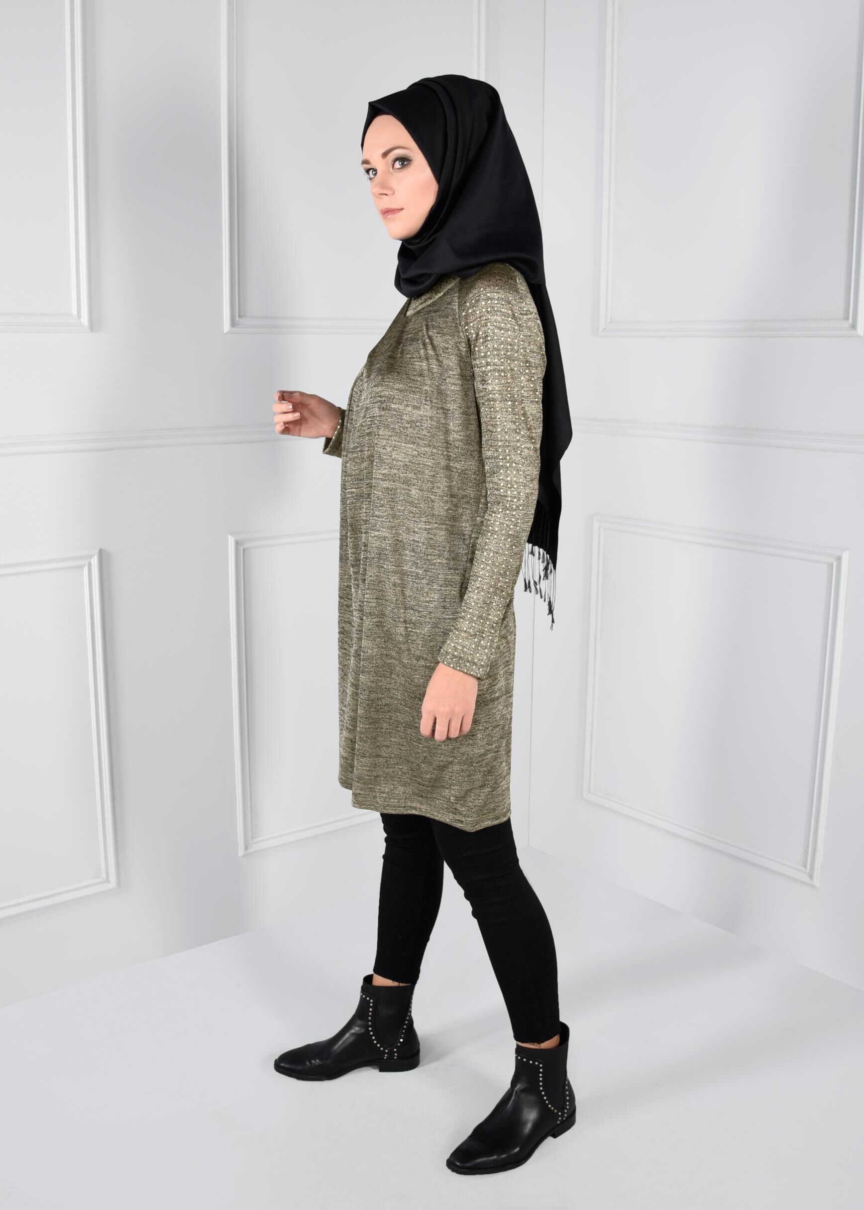 Tesettür giyim ALTIN KOLLARI TAŞ BASKILI TUNİK 4621 